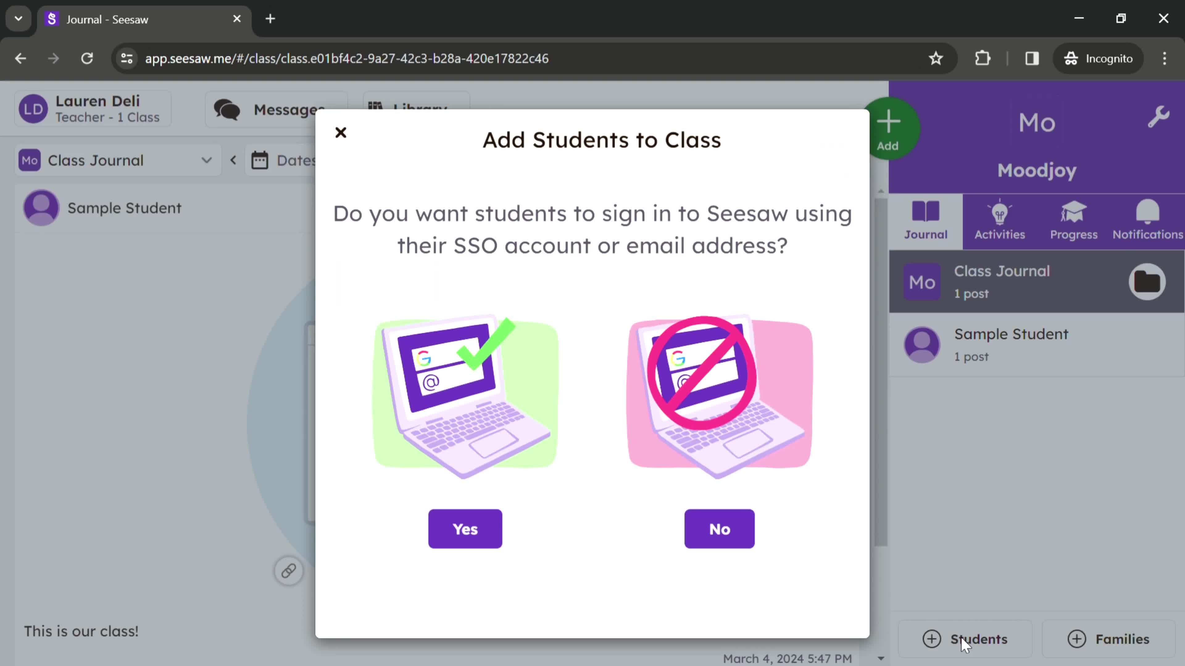 Adding a student screenshot