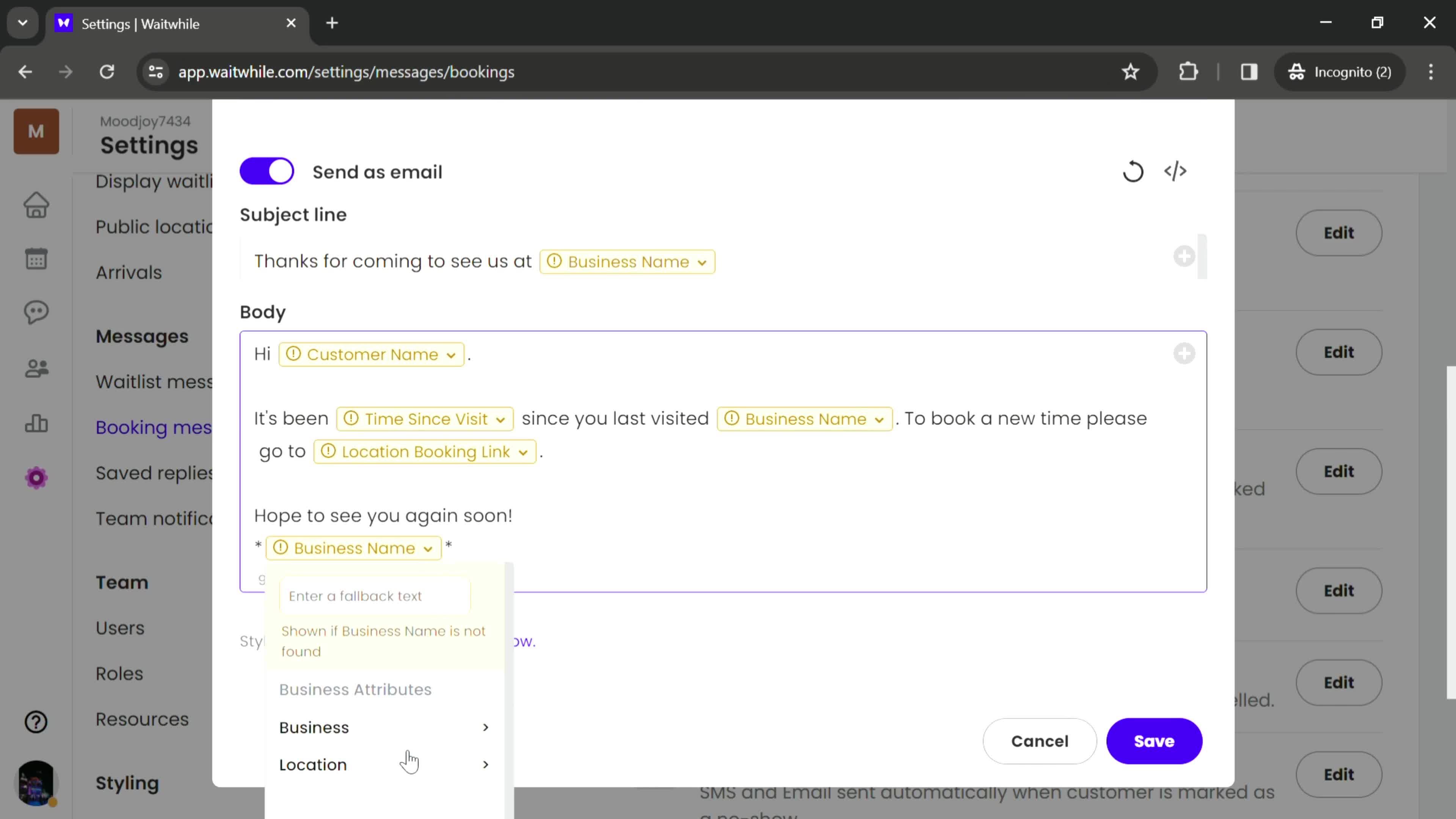 Updating booking messages screenshot