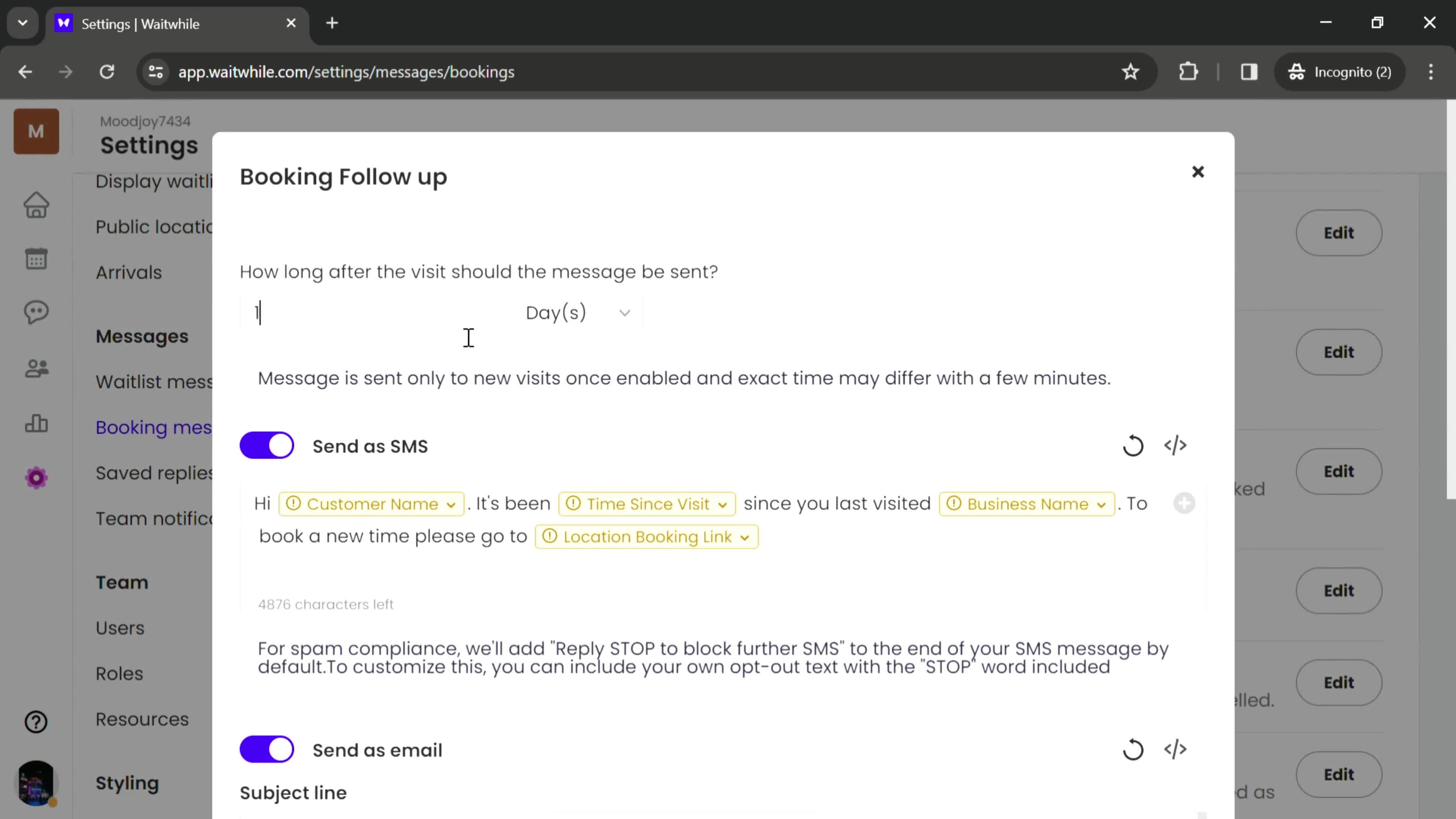 Updating booking messages screenshot