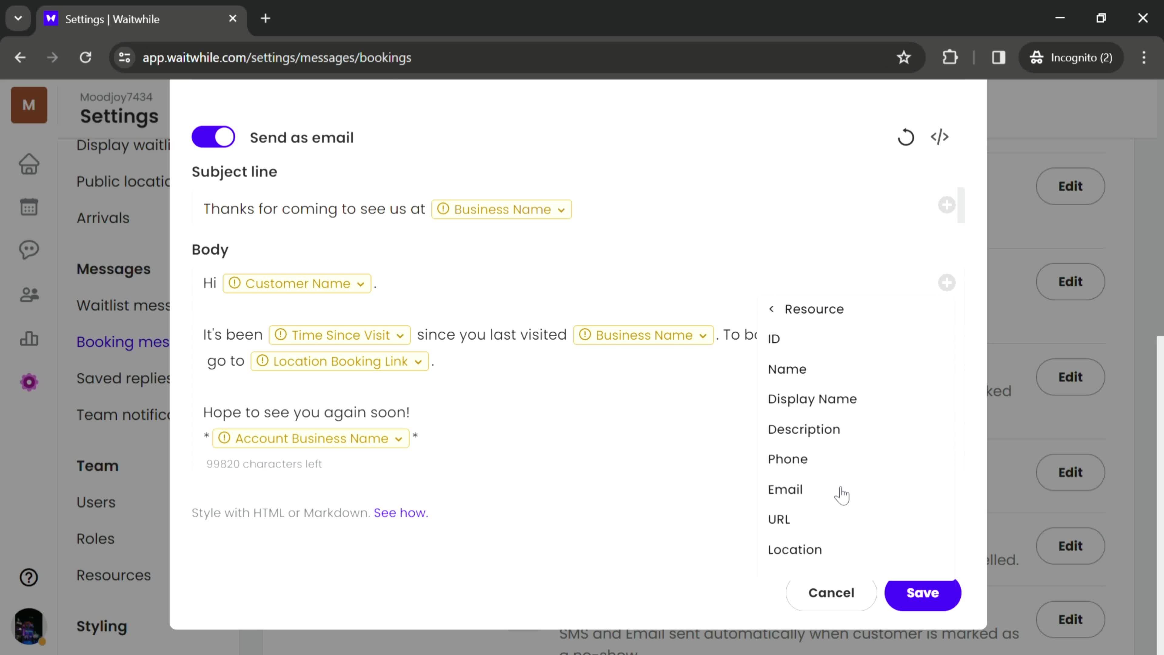 Updating booking messages screenshot