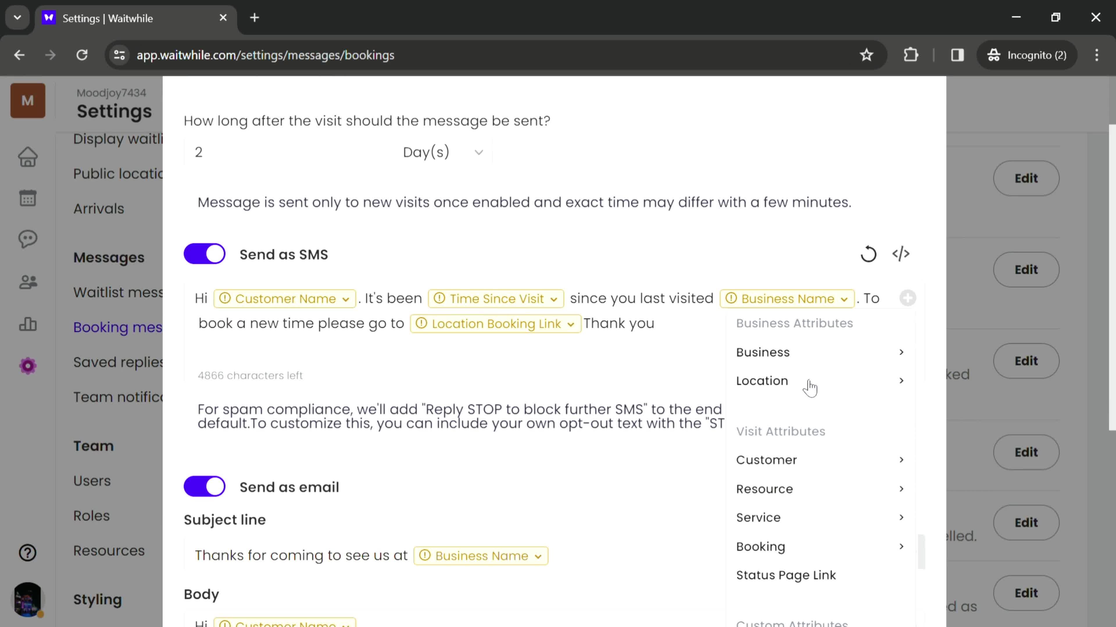 Updating booking messages screenshot