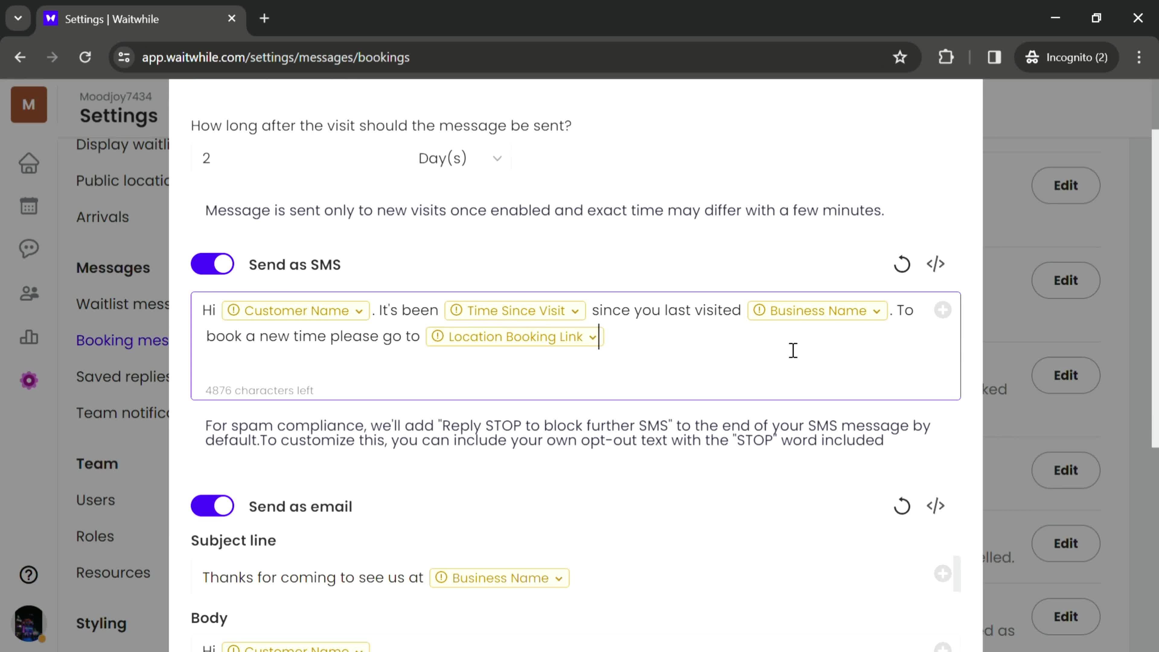Updating booking messages screenshot