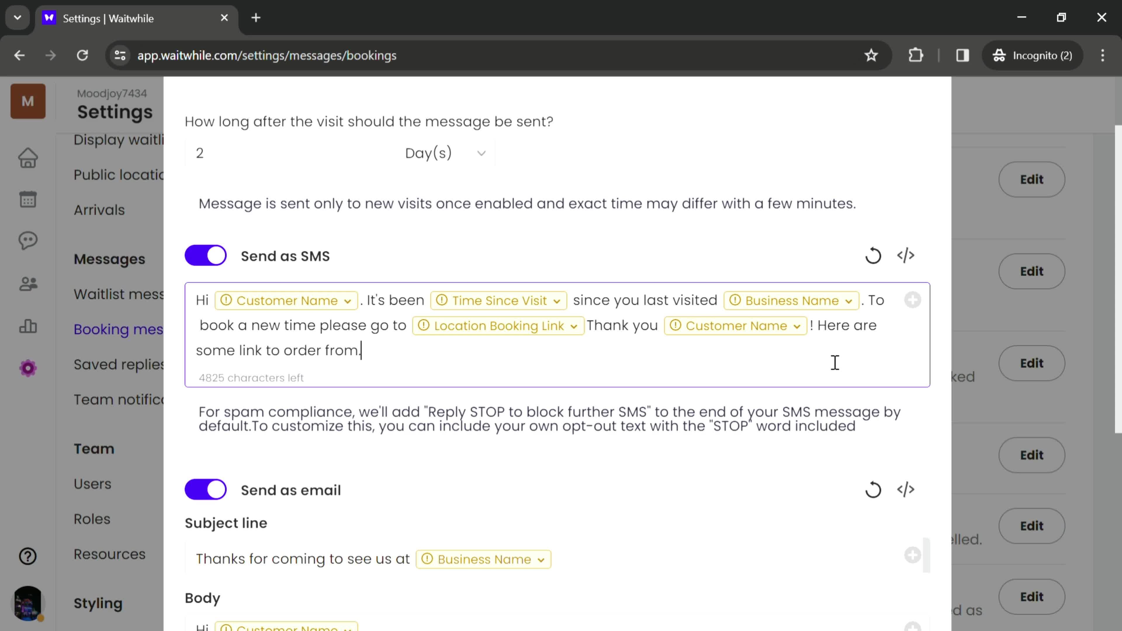Updating booking messages screenshot