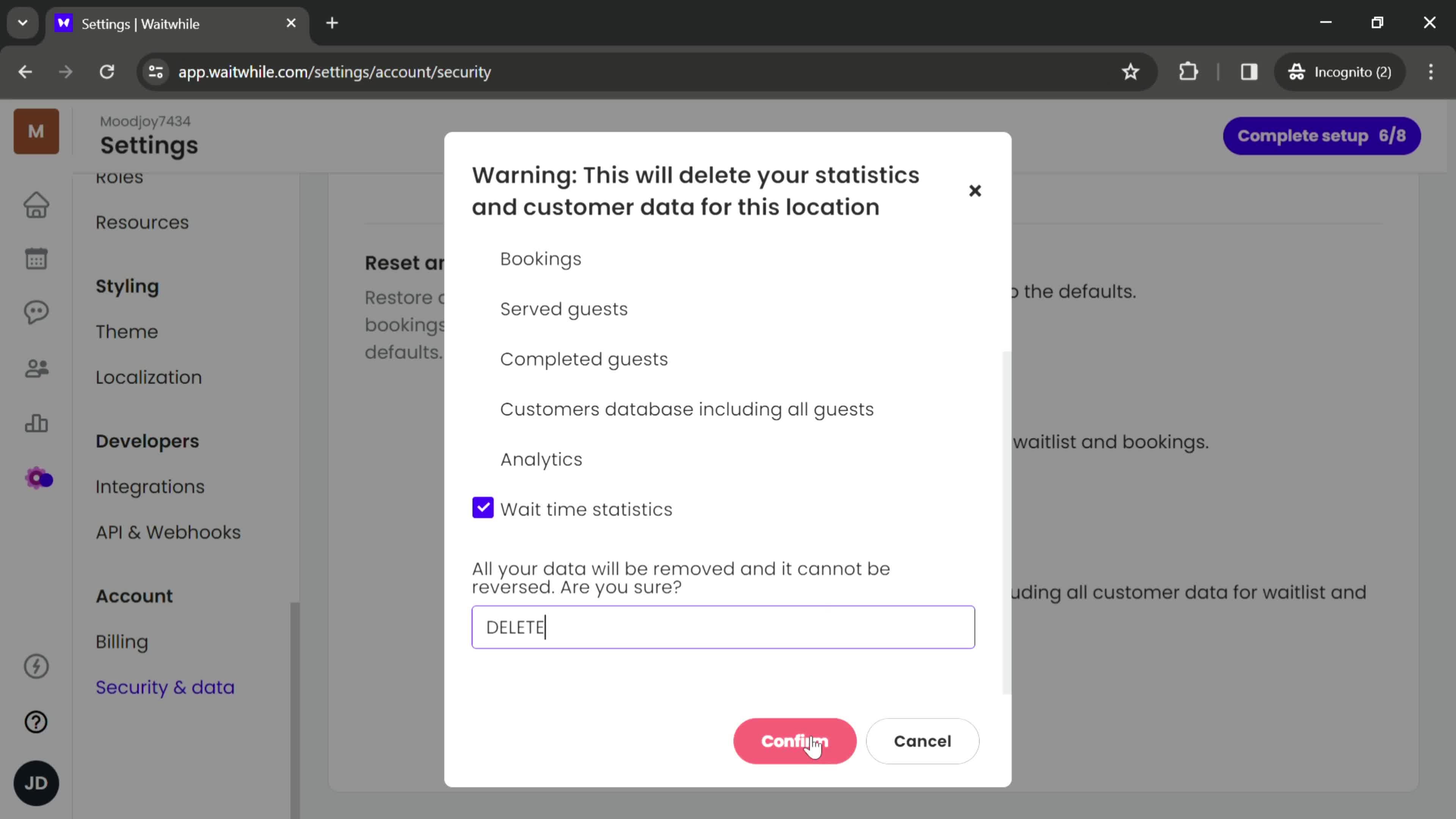 Deleting data screenshot