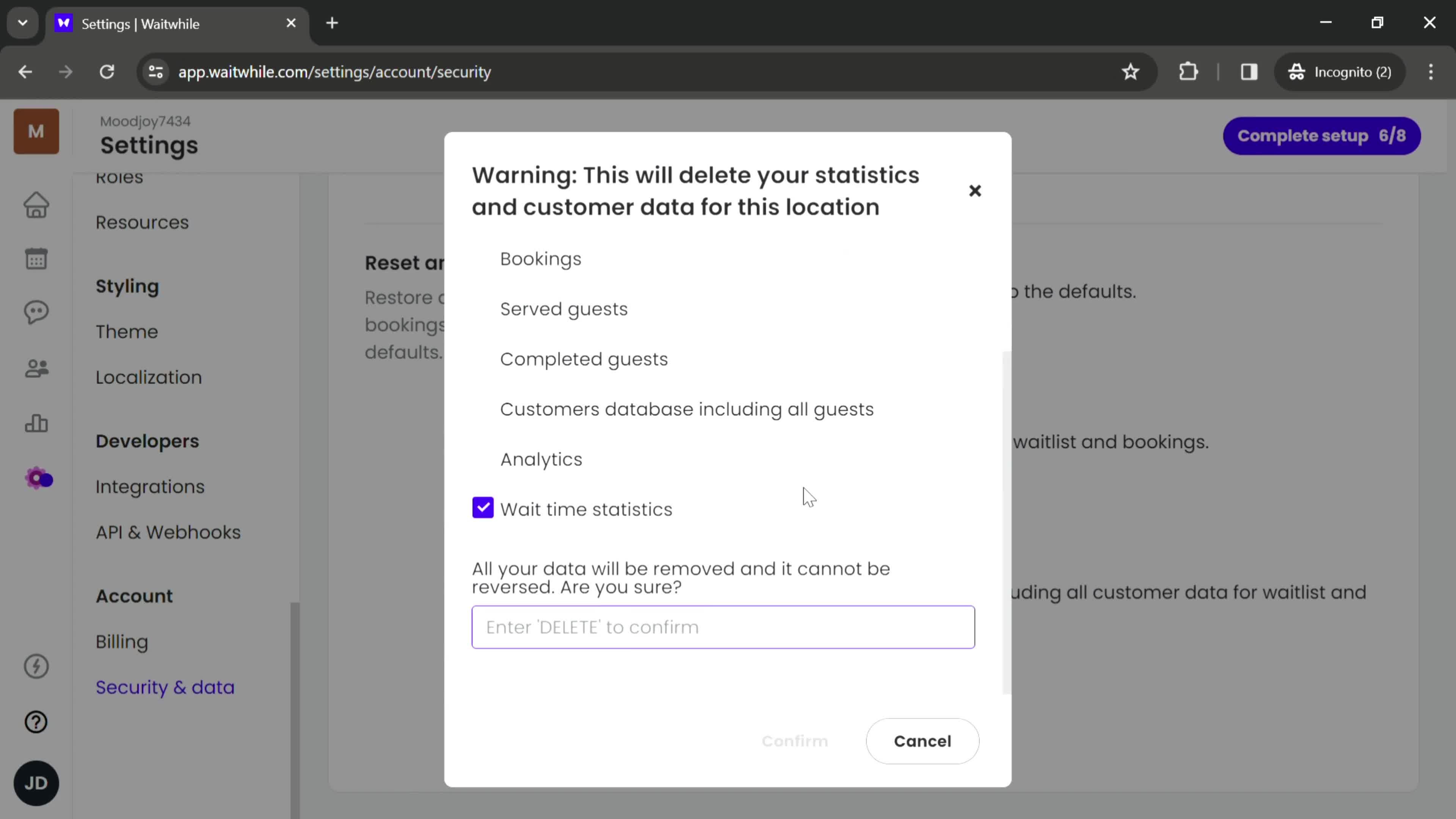 Deleting data screenshot