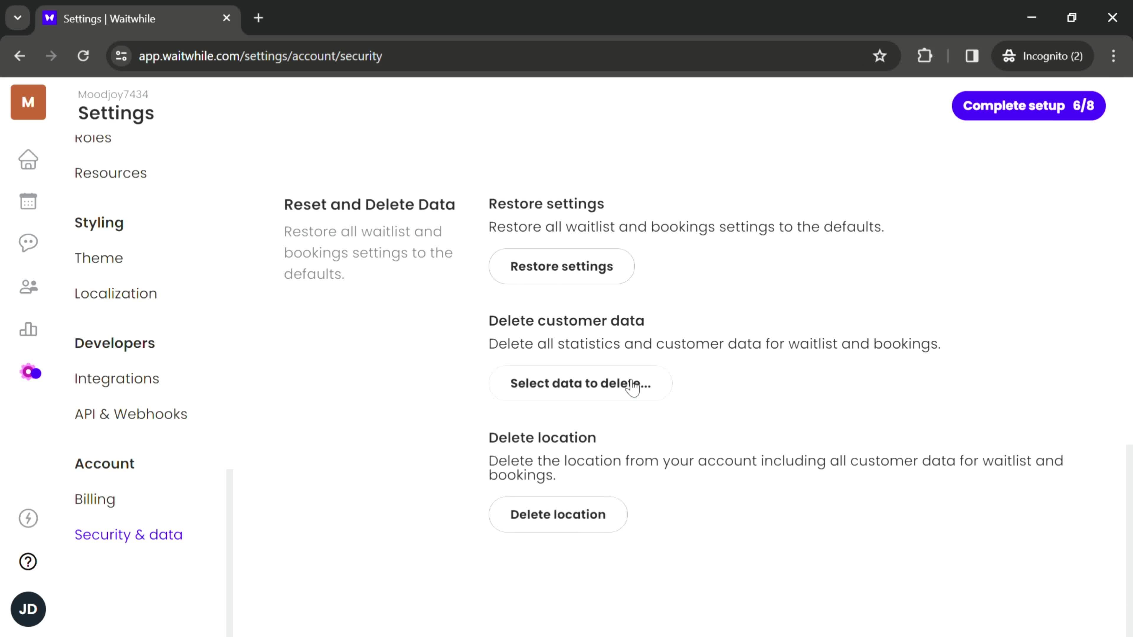 Deleting data screenshot