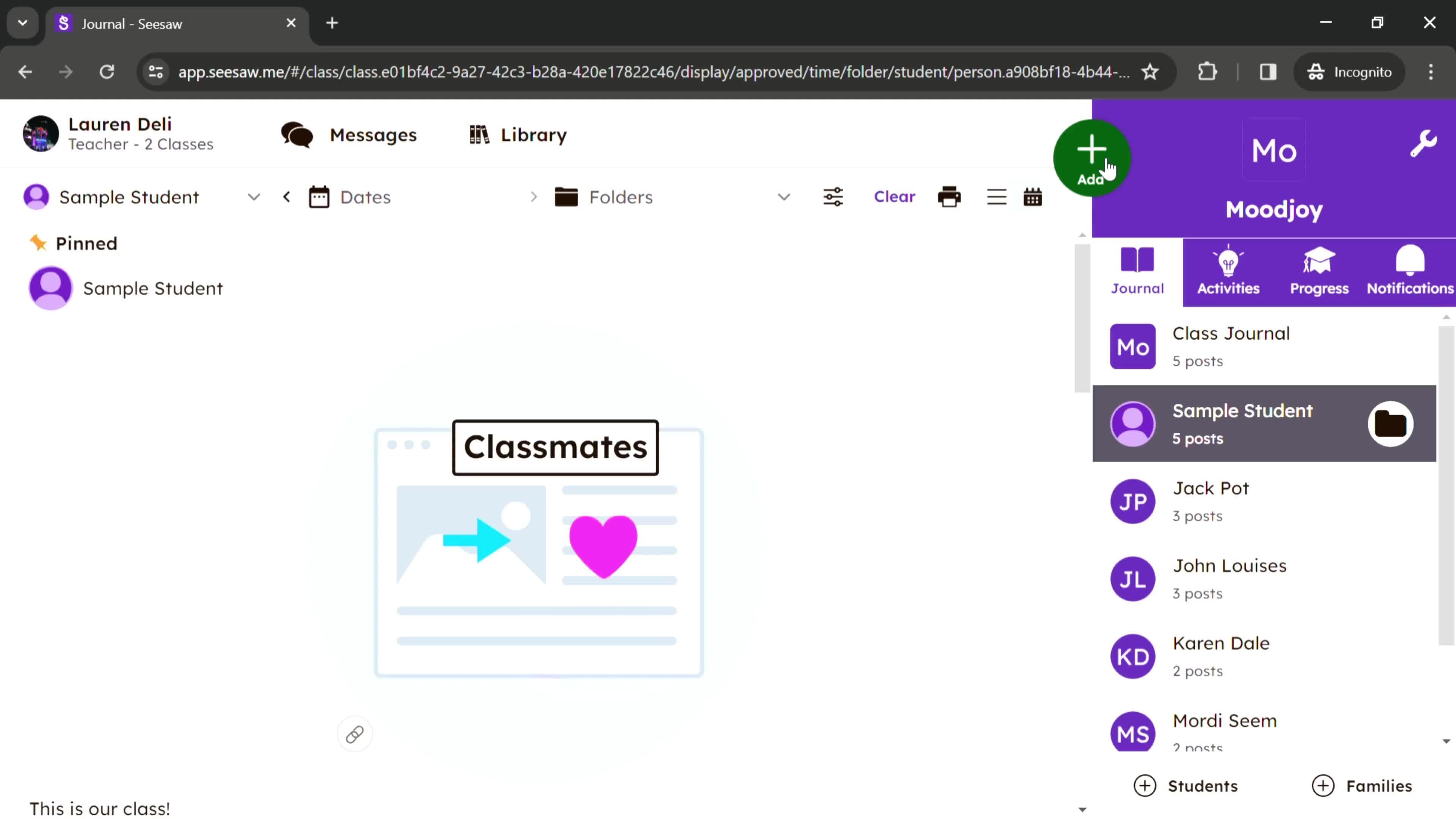 Adding to student journal screenshot
