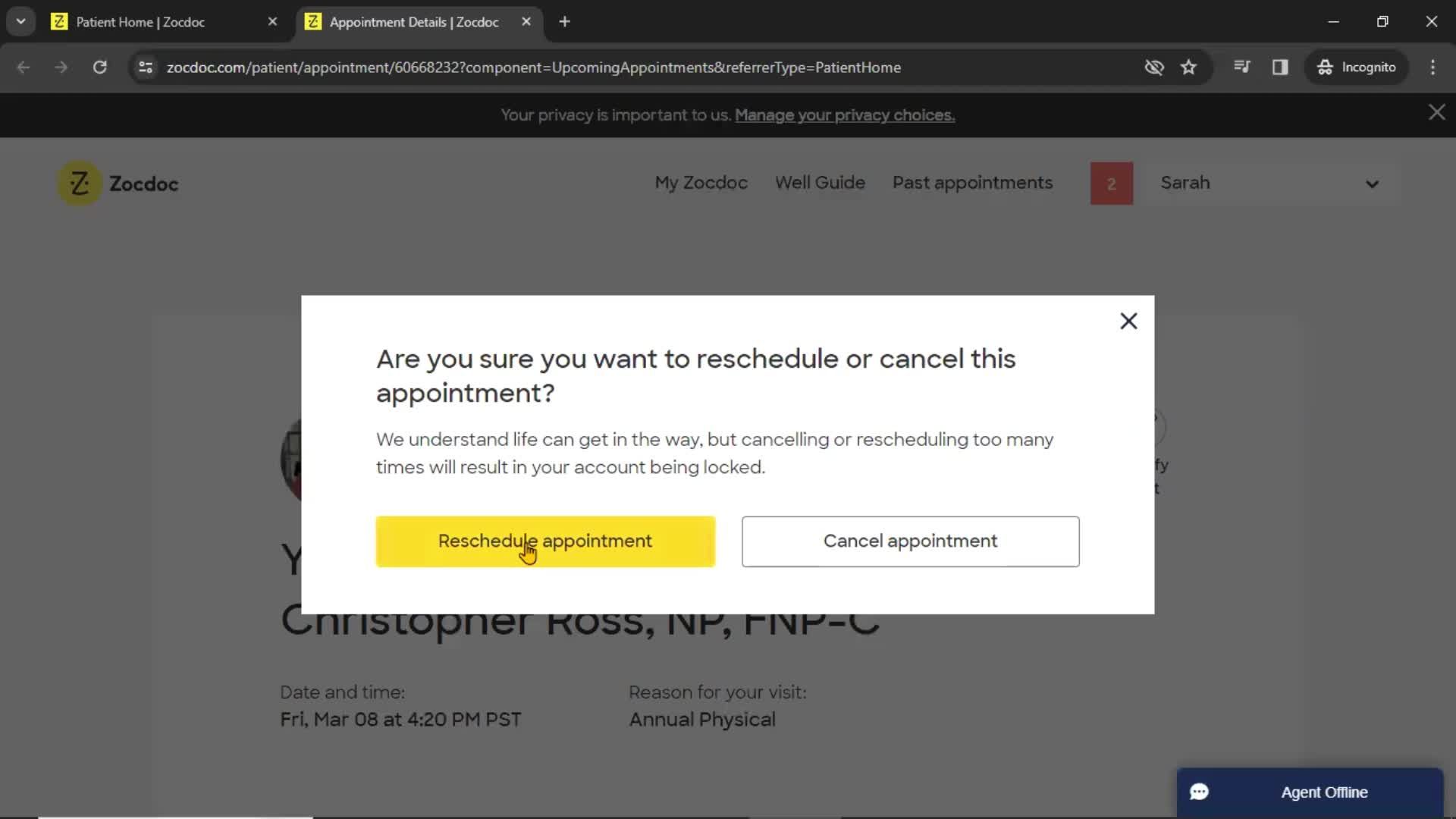 Rescheduling an appointment screenshot