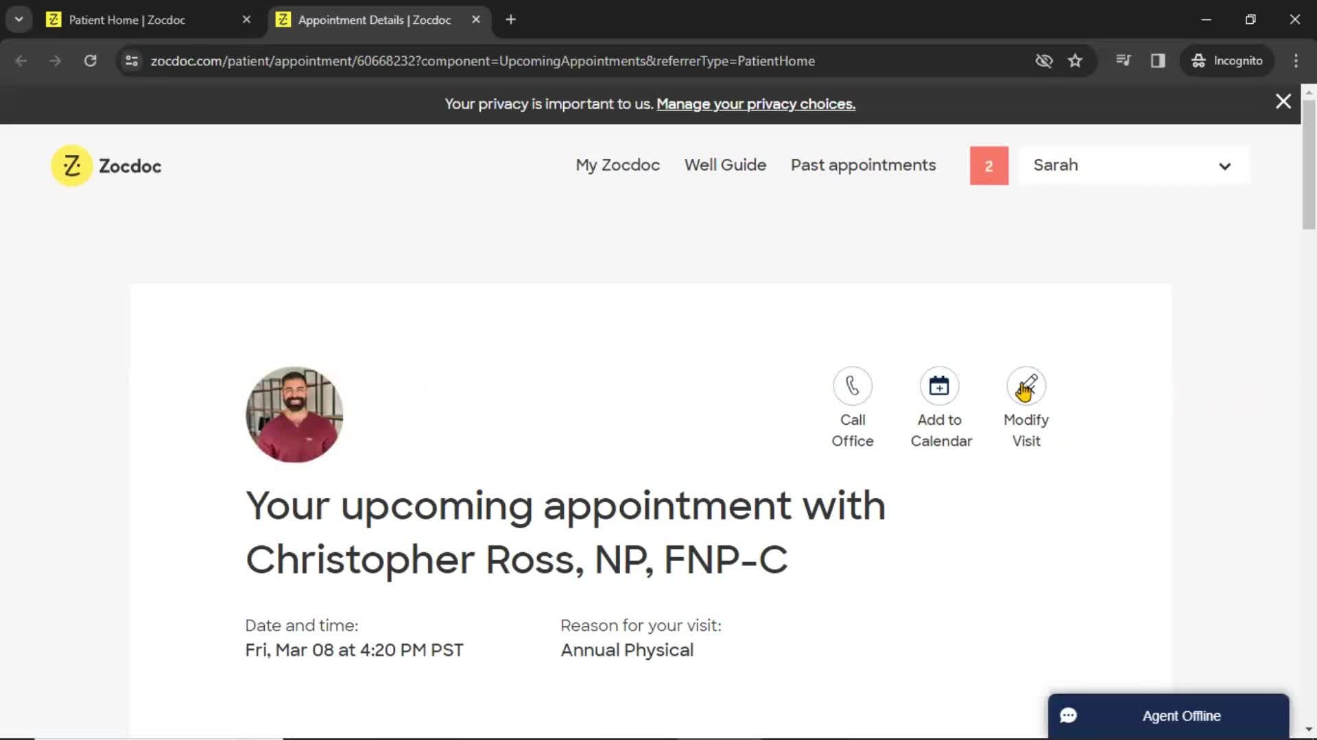 Rescheduling an appointment screenshot