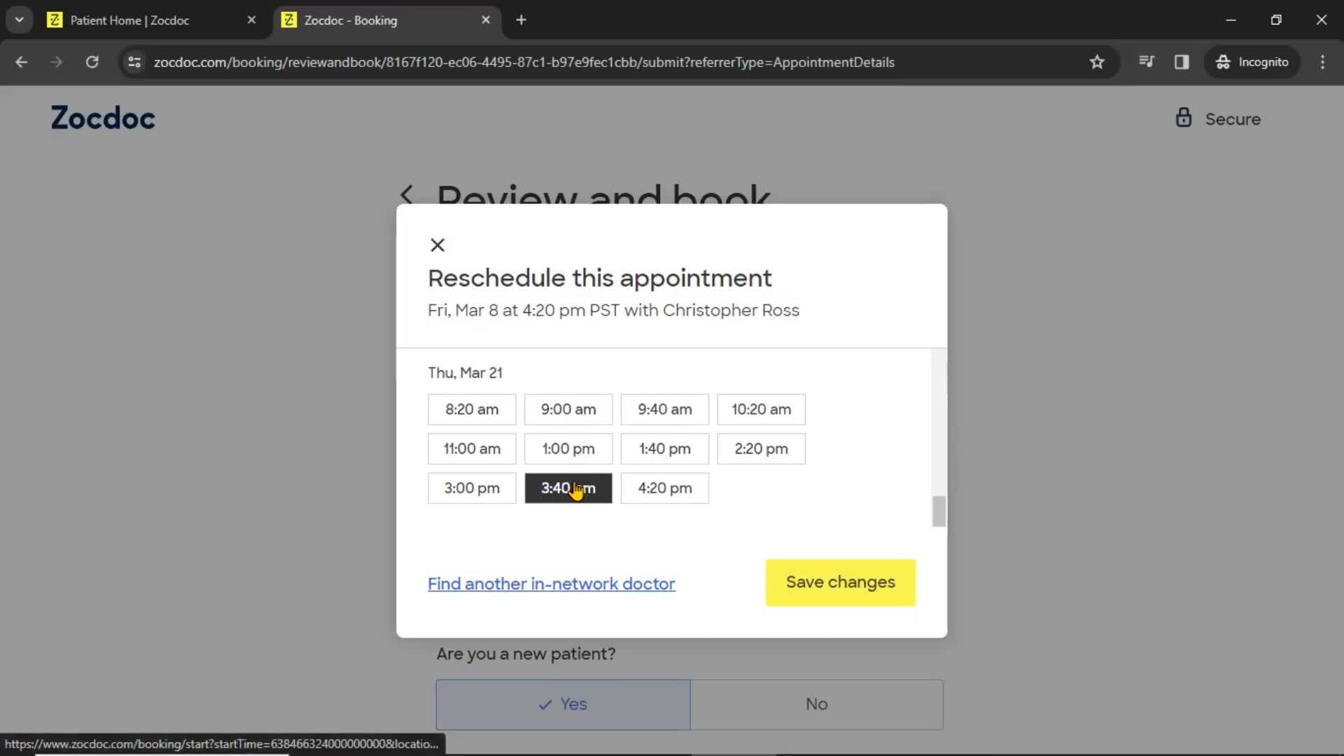 Rescheduling an appointment screenshot