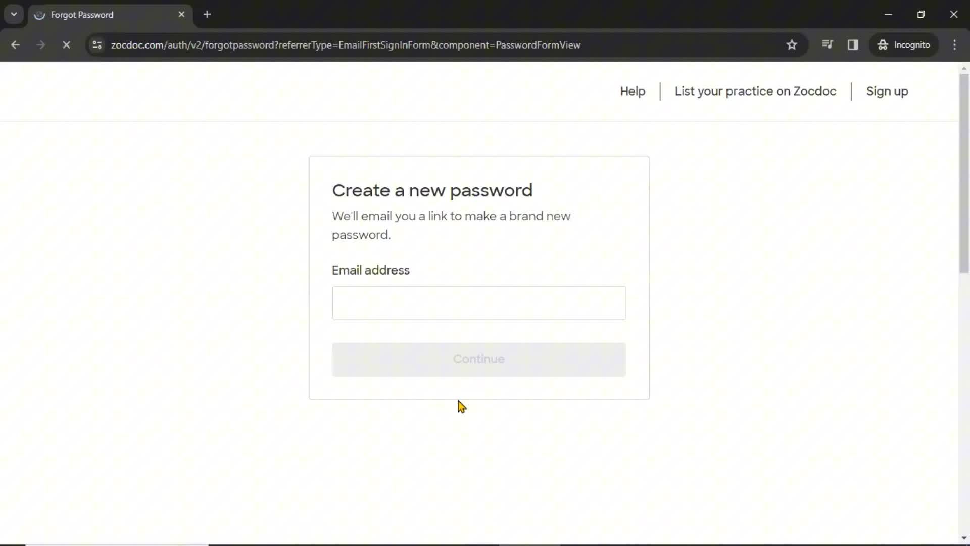 Resetting password screenshot
