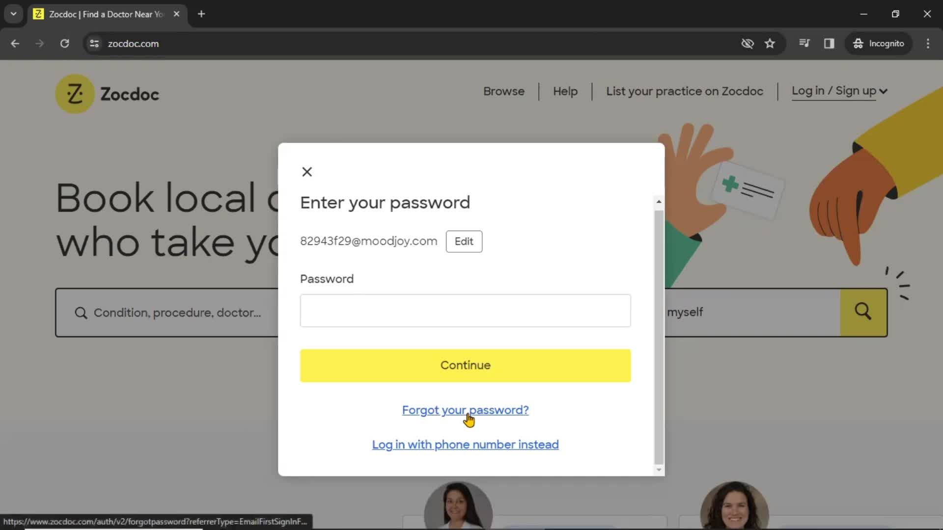 Resetting password screenshot