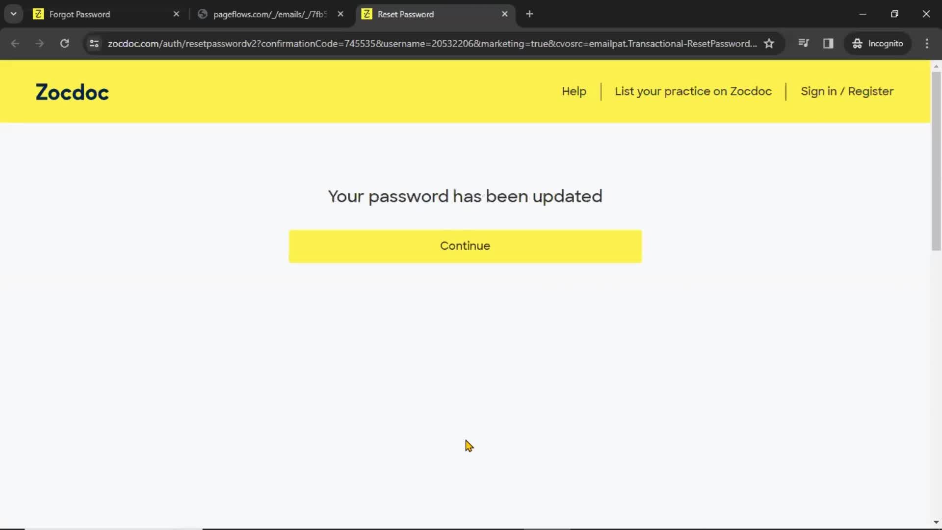 Resetting password screenshot