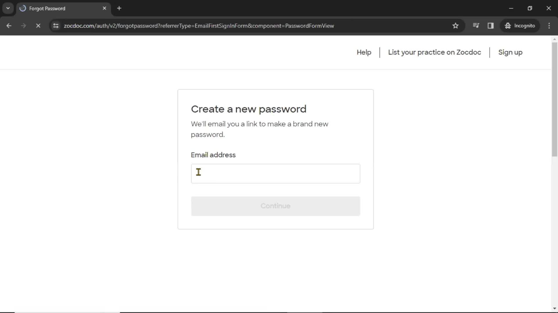 Resetting password screenshot