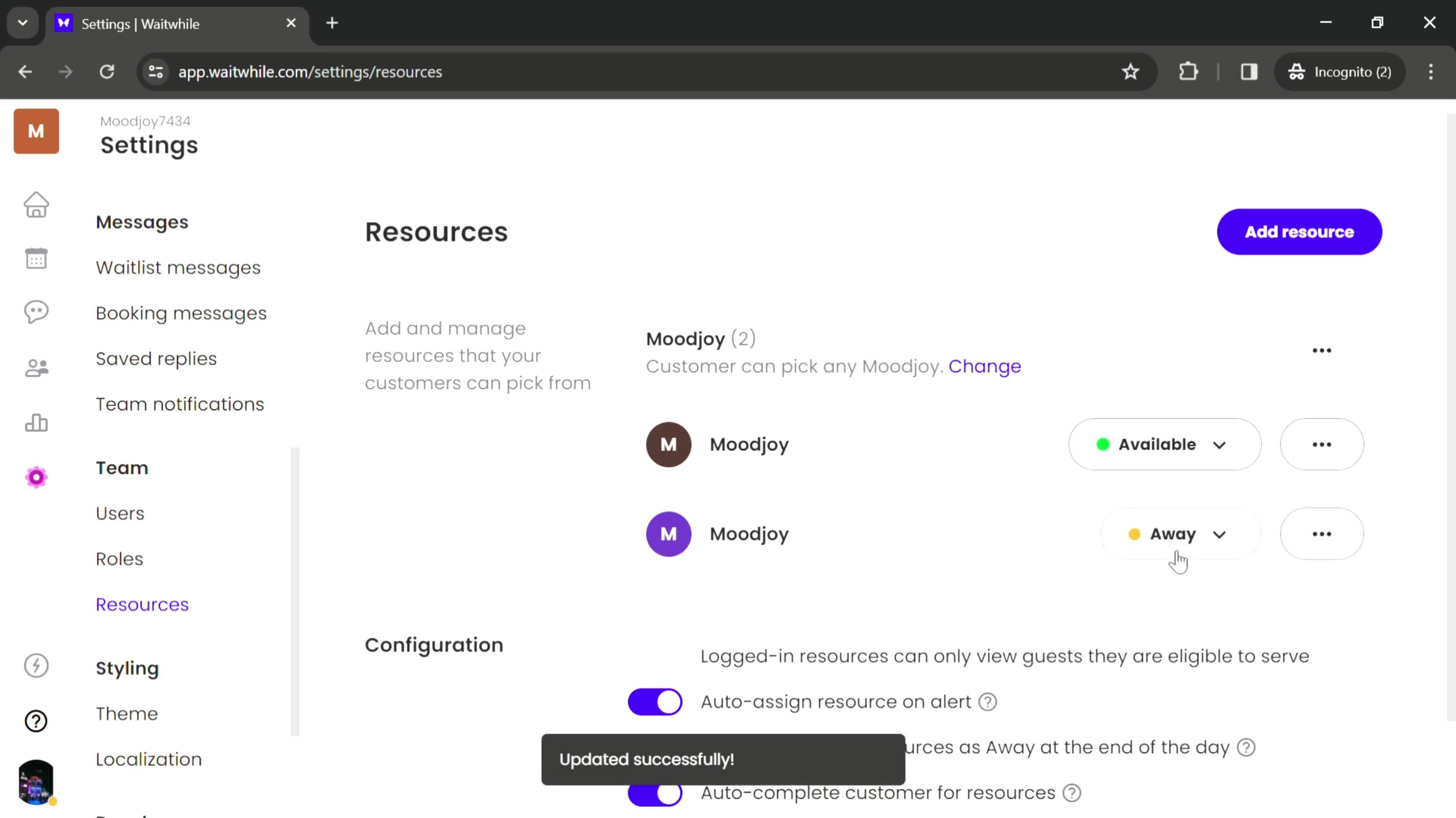 Creating new resources screenshot