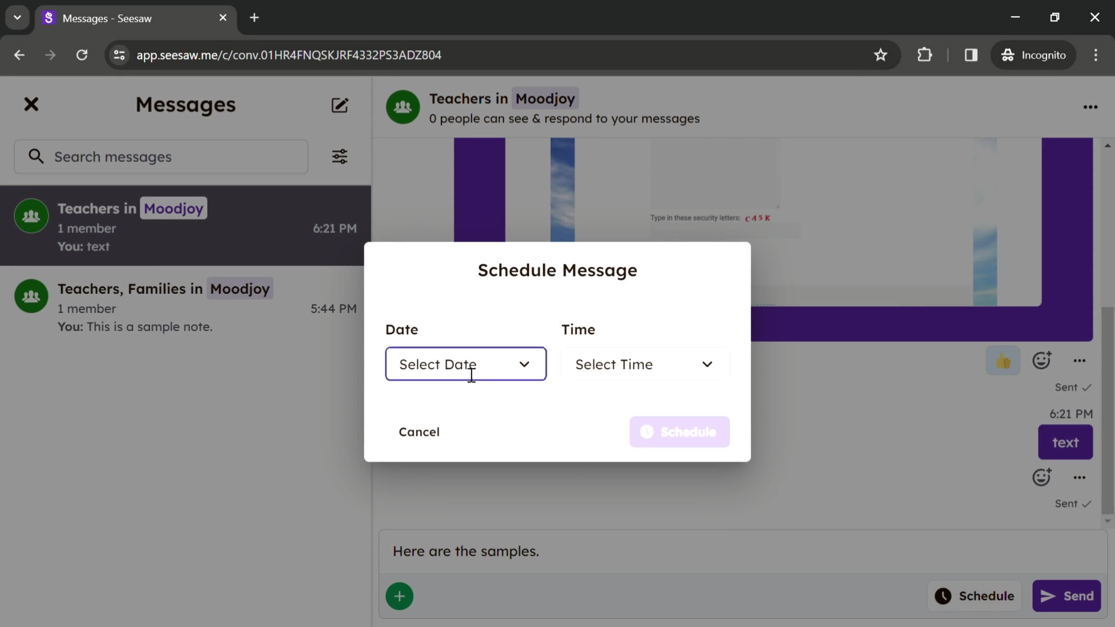 Scheduling a message screenshot