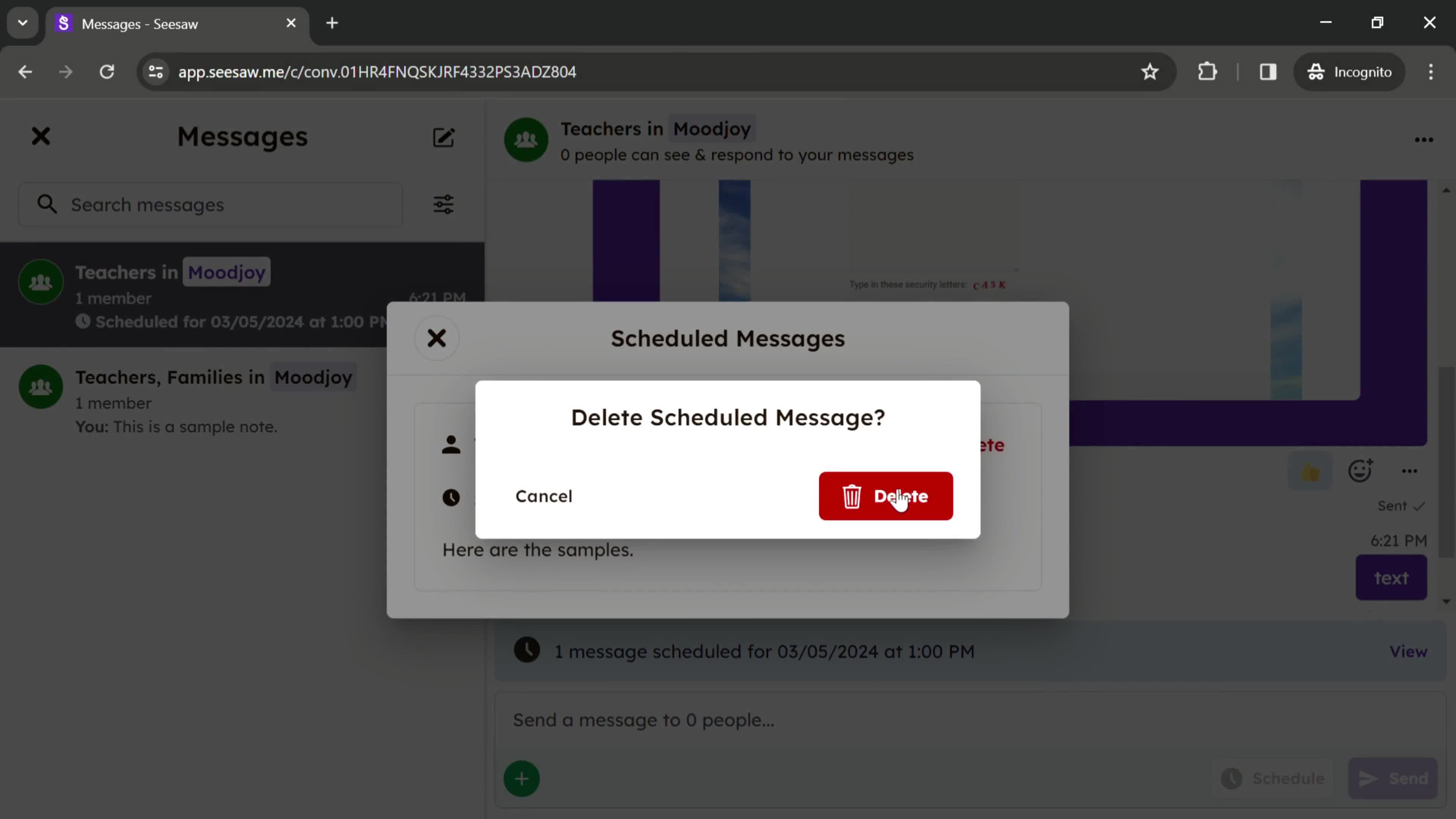 Scheduling a message screenshot