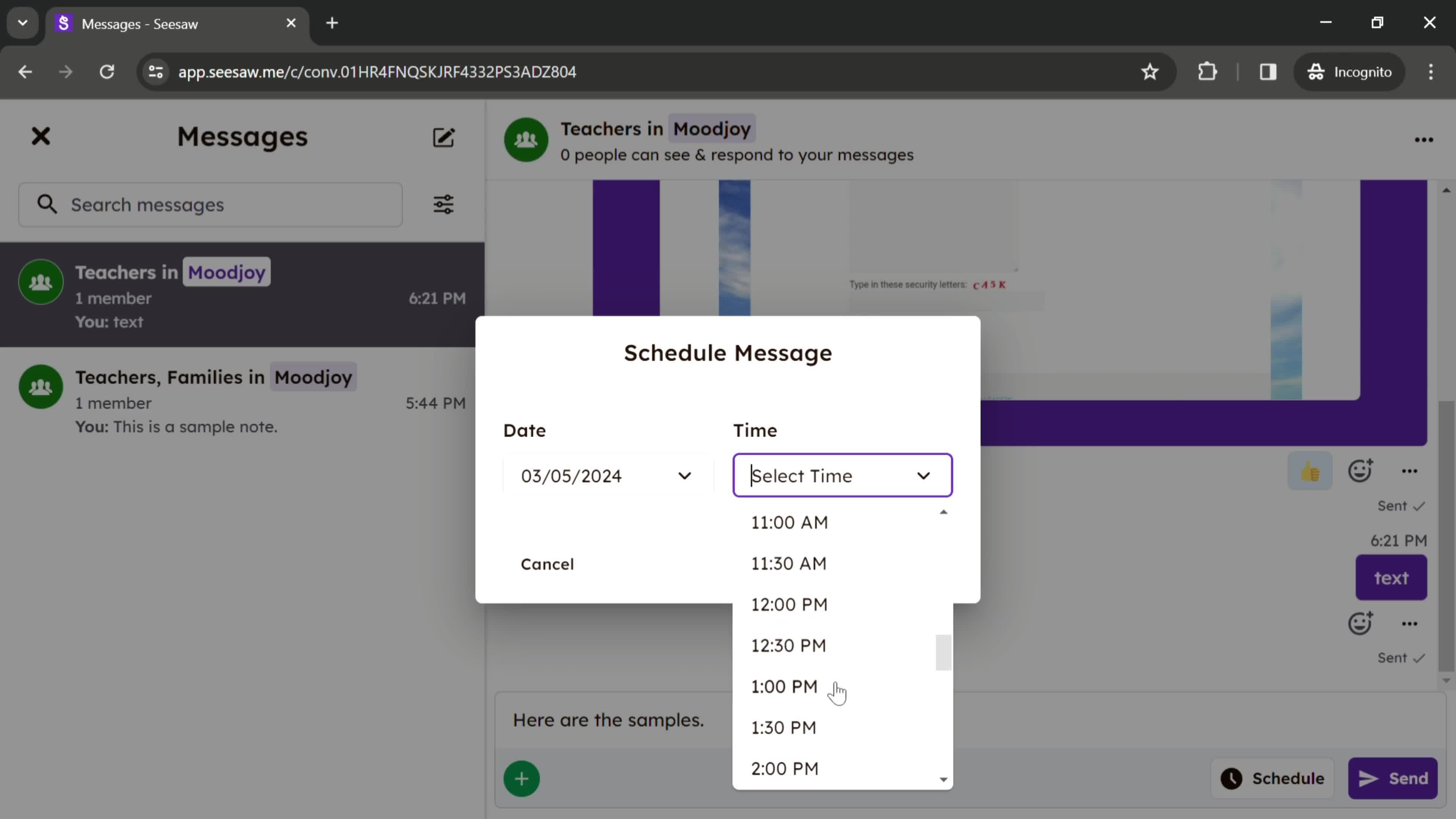 Scheduling a message screenshot