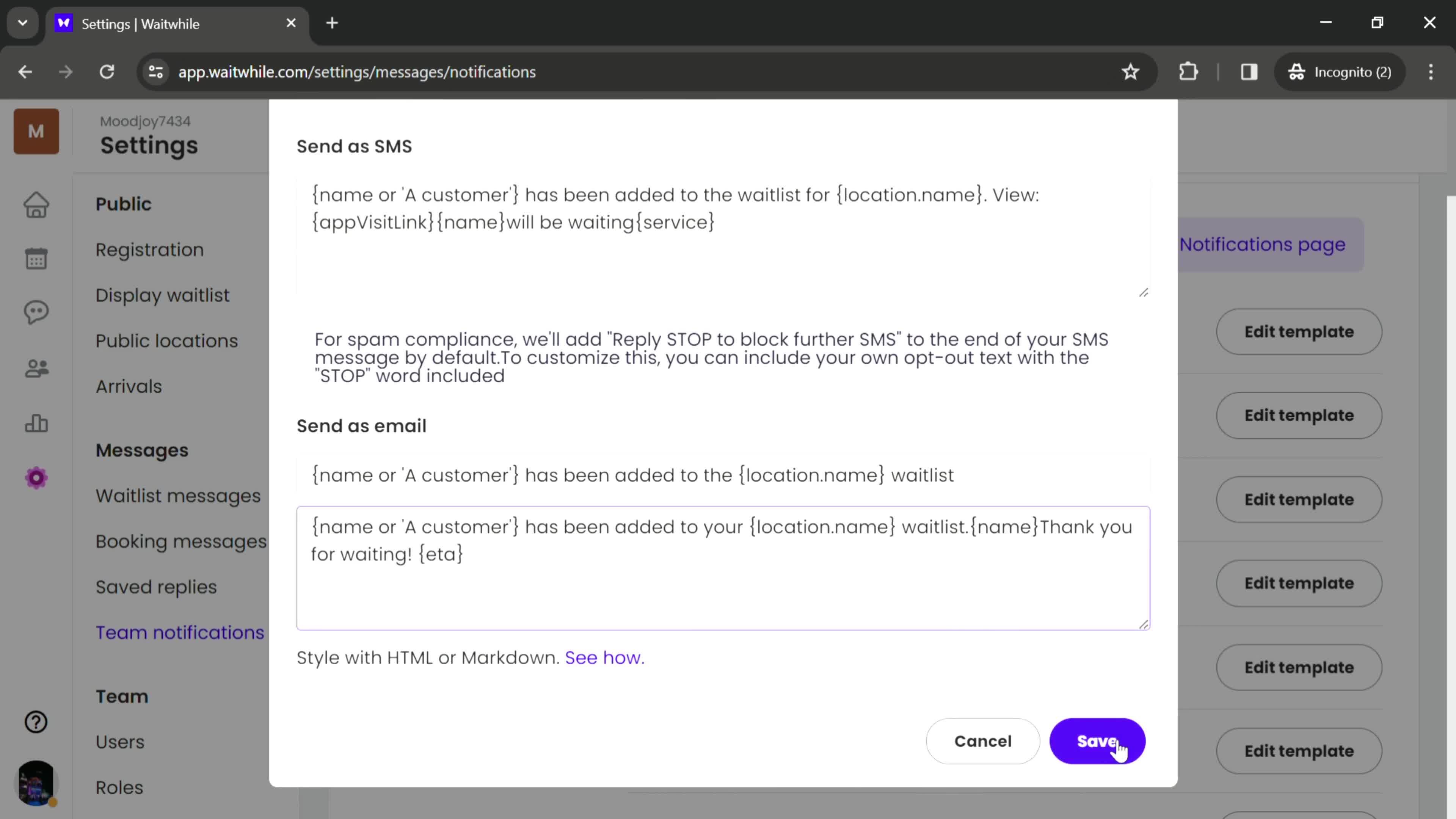 Editing message template screenshot