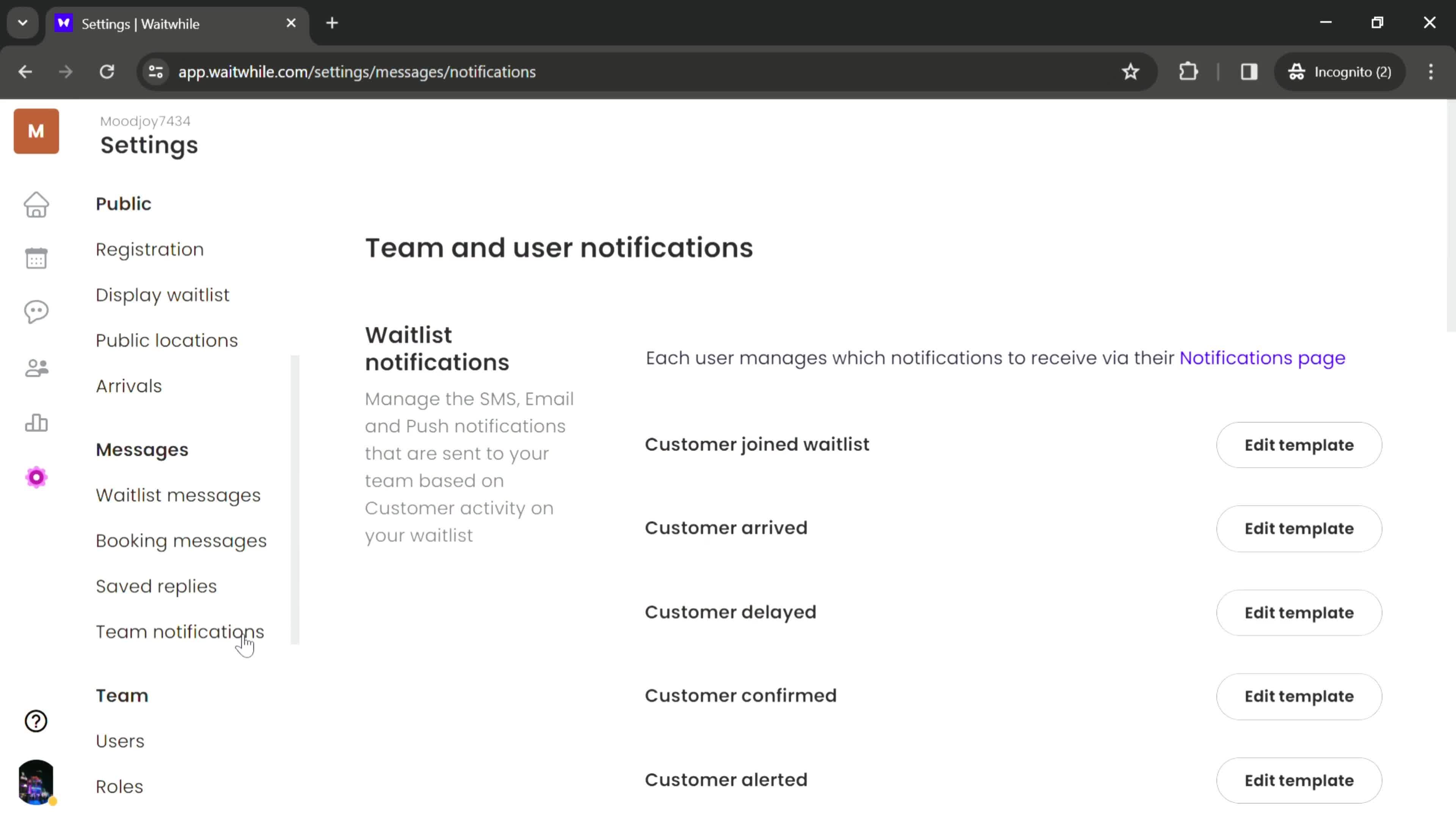 Editing message template screenshot