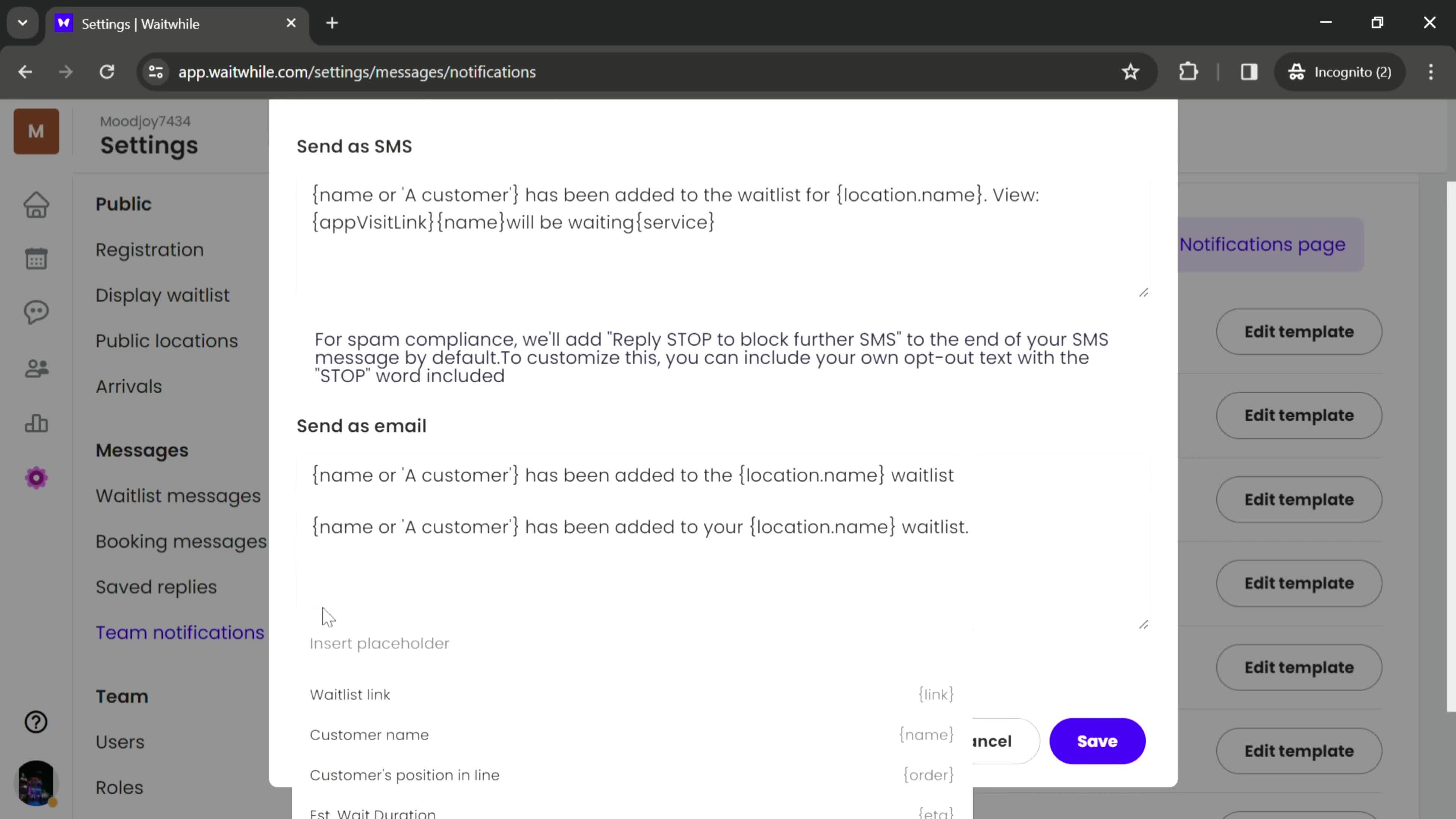 Editing message template screenshot