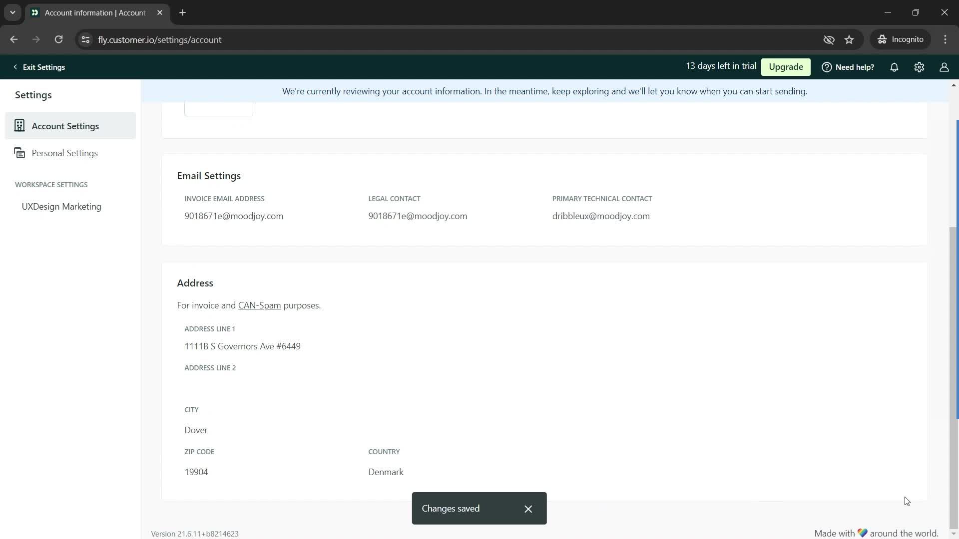 Updating account information screenshot