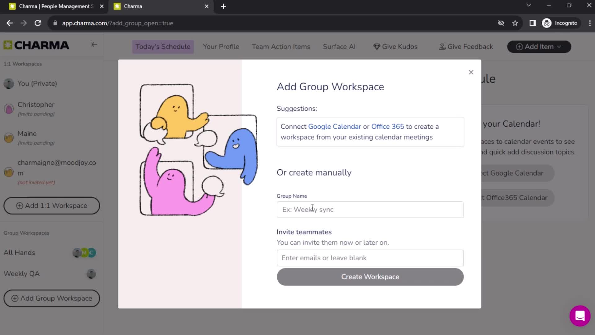Adding group workspace on Charma video thumbnail