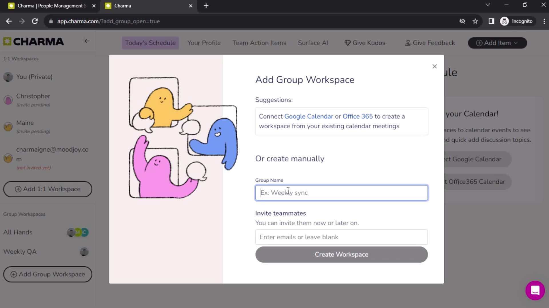 Adding group workspace on Charma video thumbnail