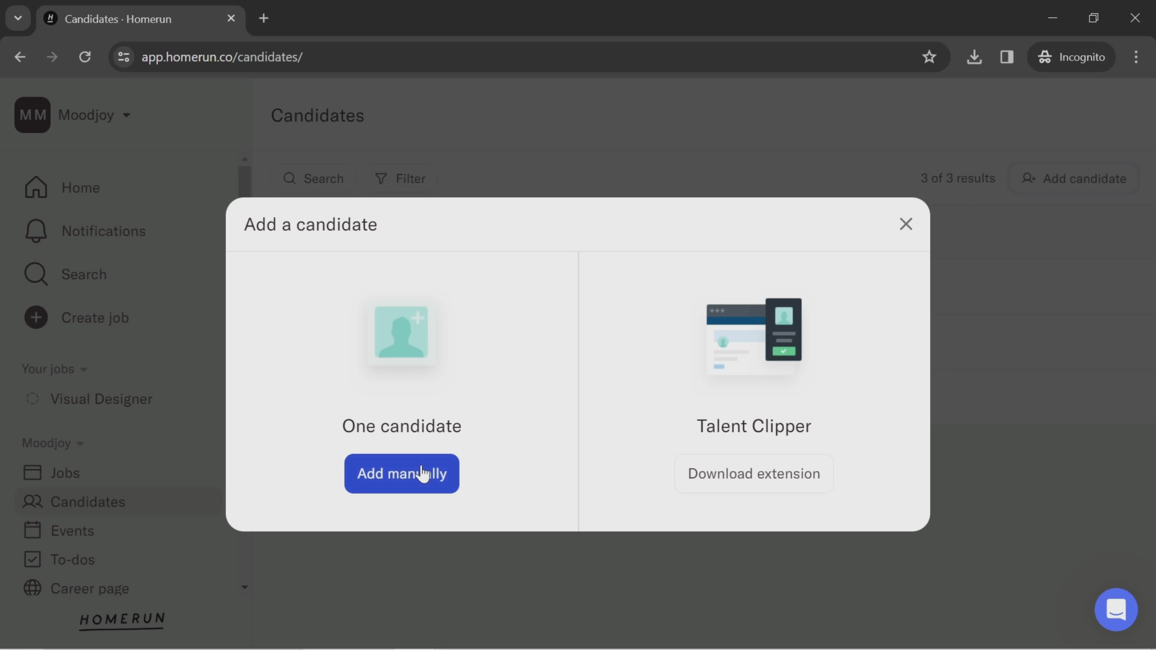 Adding a candidate on Homerun video thumbnail