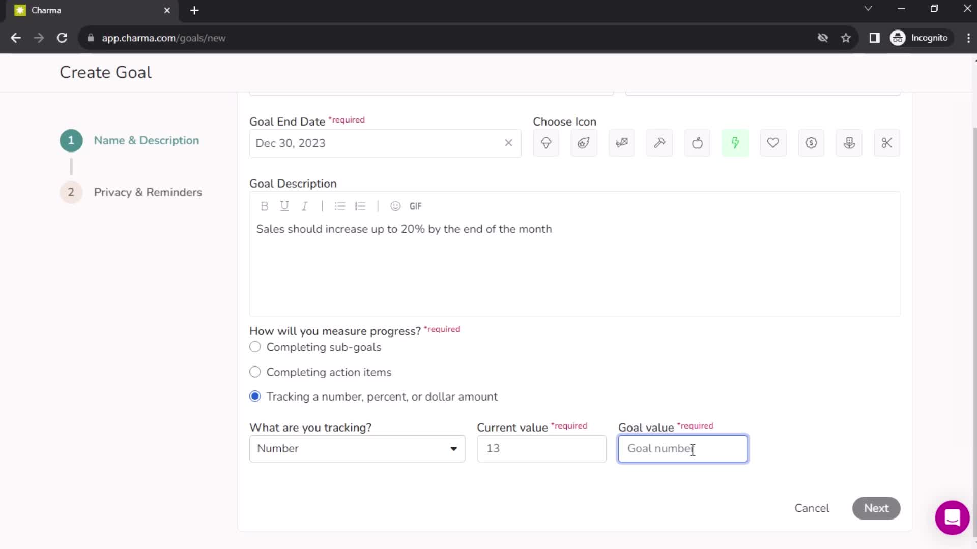 Adding goals screenshot