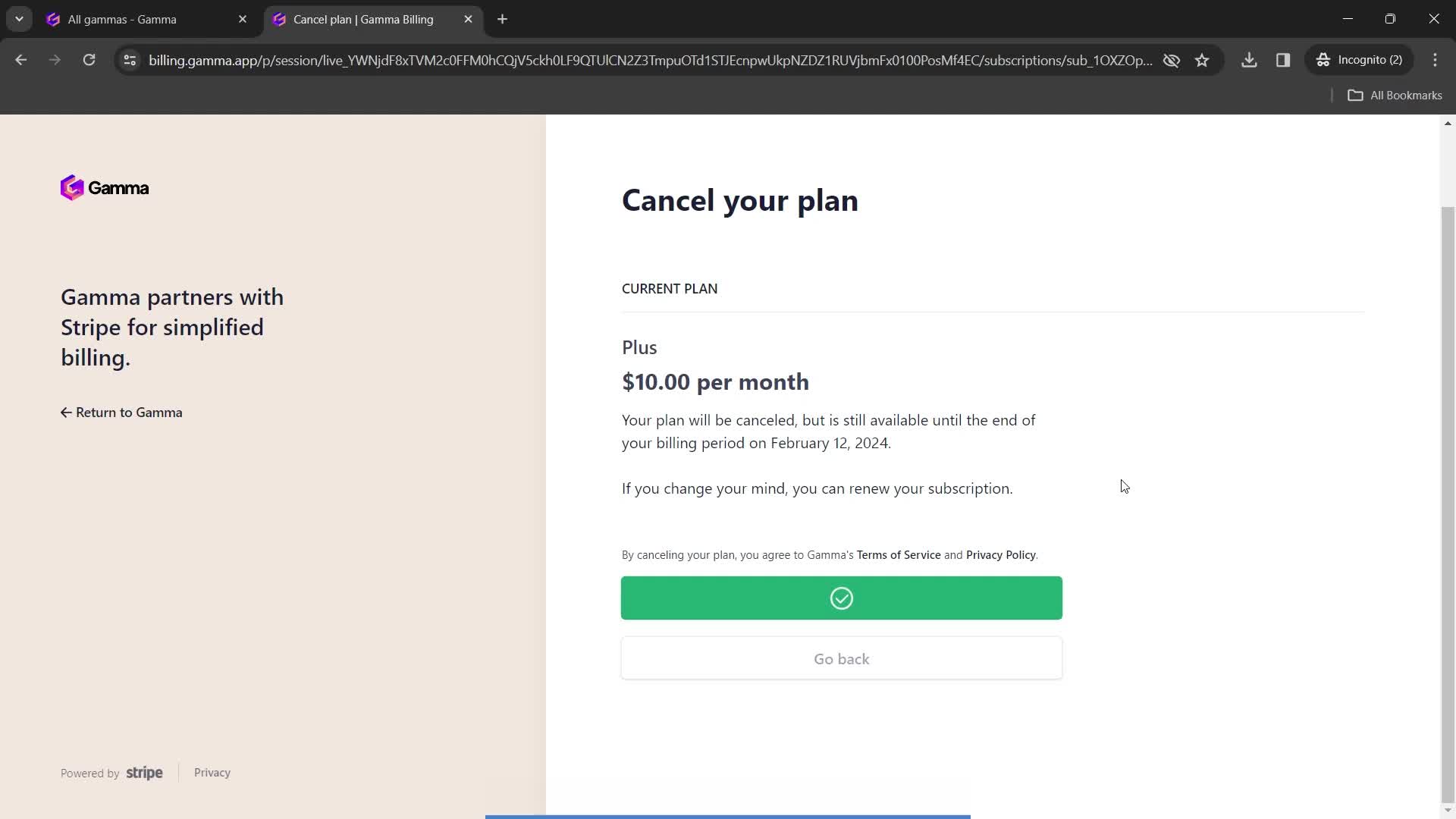 Cancelling your subscription screenshot