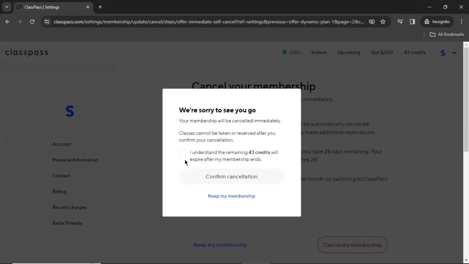 Cancelling your subscription screenshot