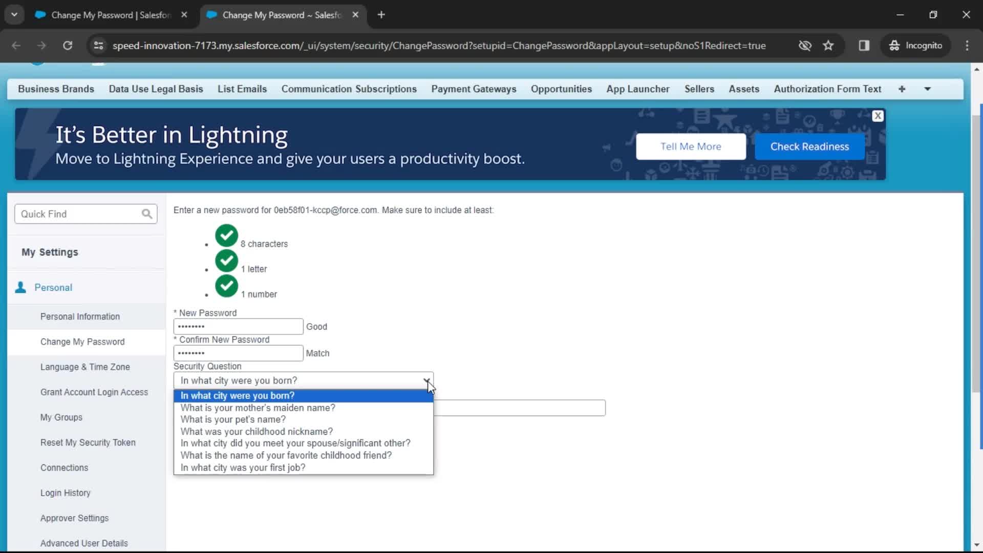 Changing password screenshot