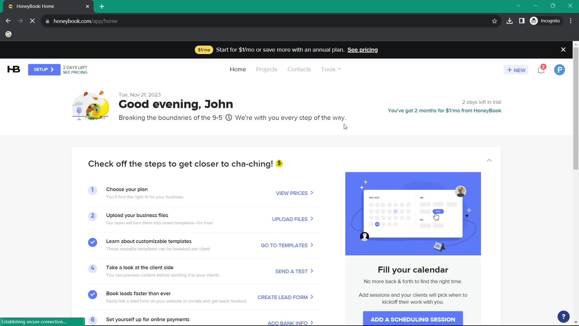 Connecting a calendar screenshot