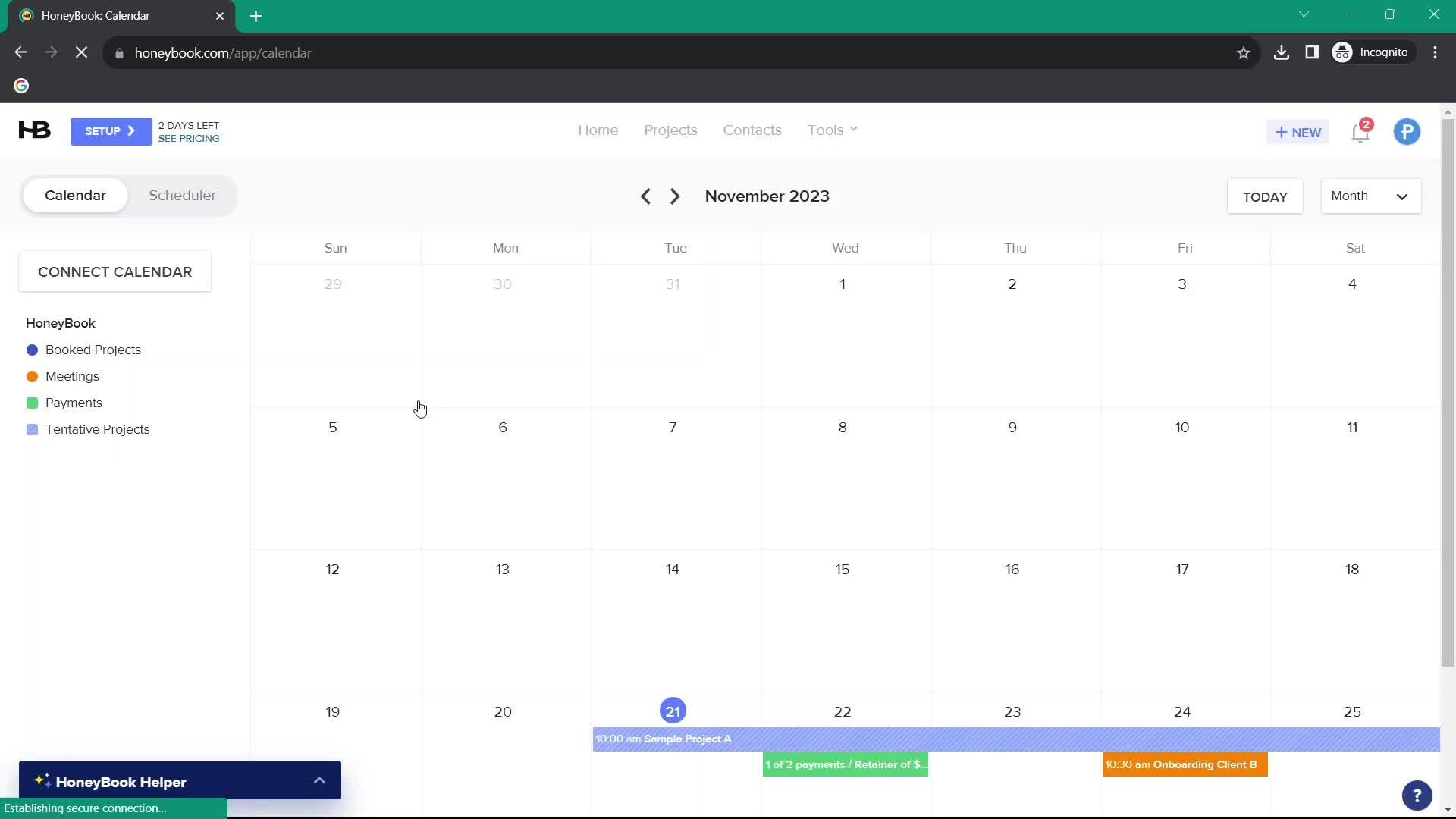 Connecting a calendar screenshot