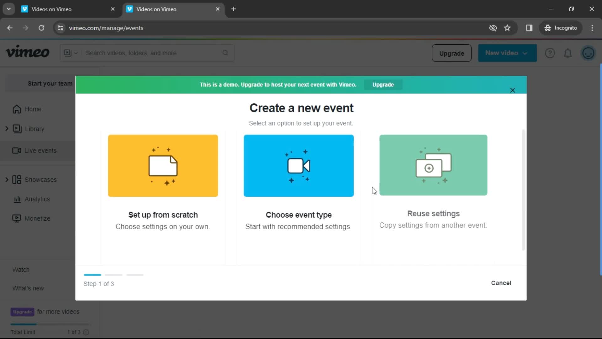 Creating a live event on Vimeo video thumbnail