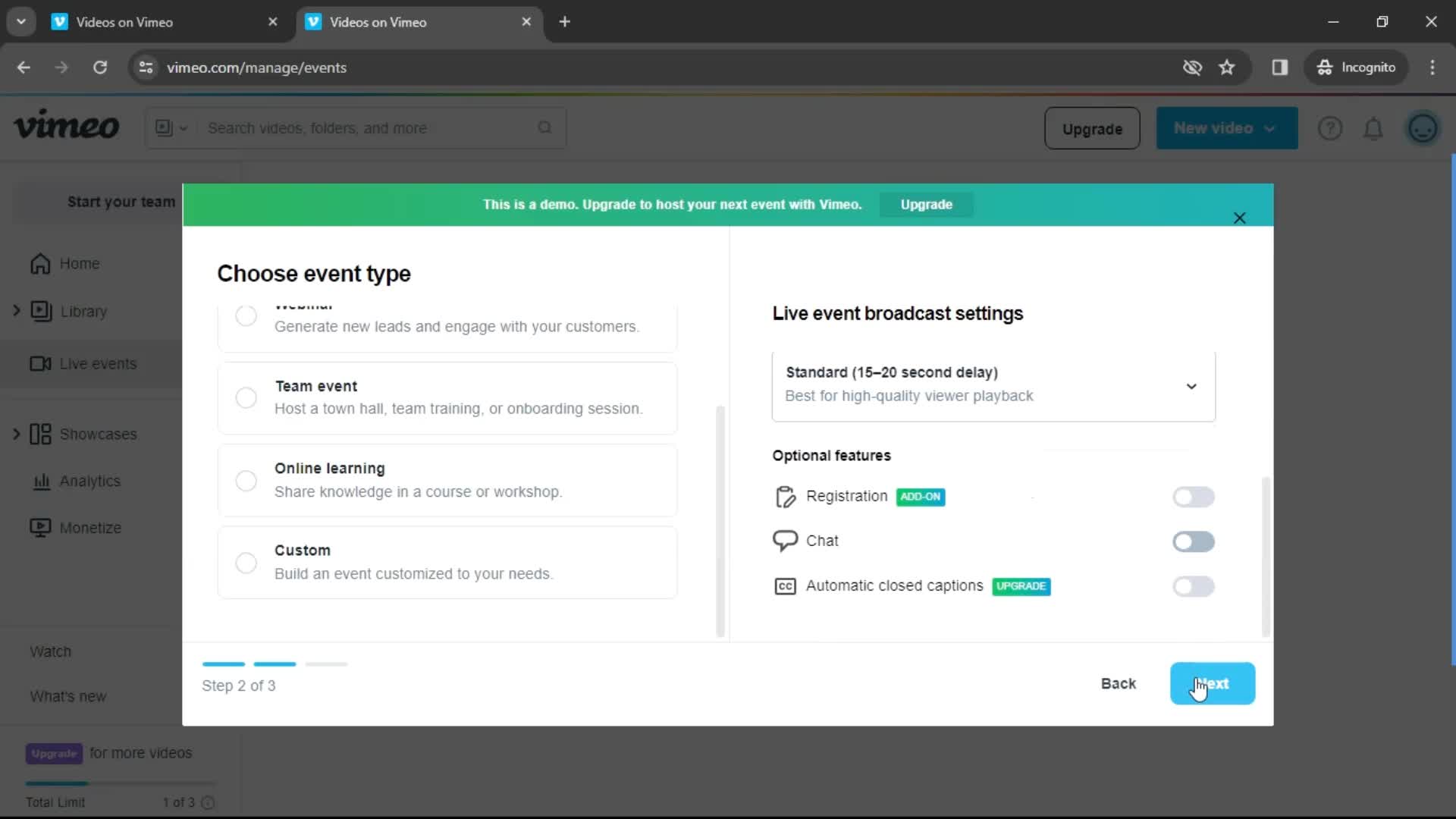 Creating a live event on Vimeo video thumbnail