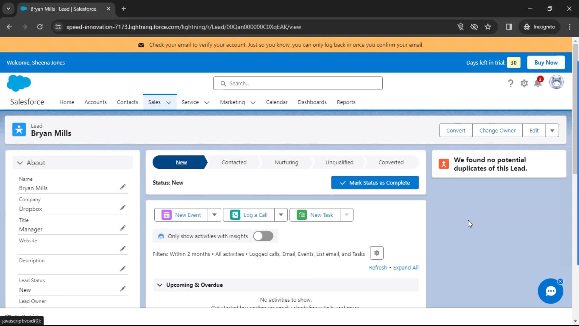 Creating new lead screenshot