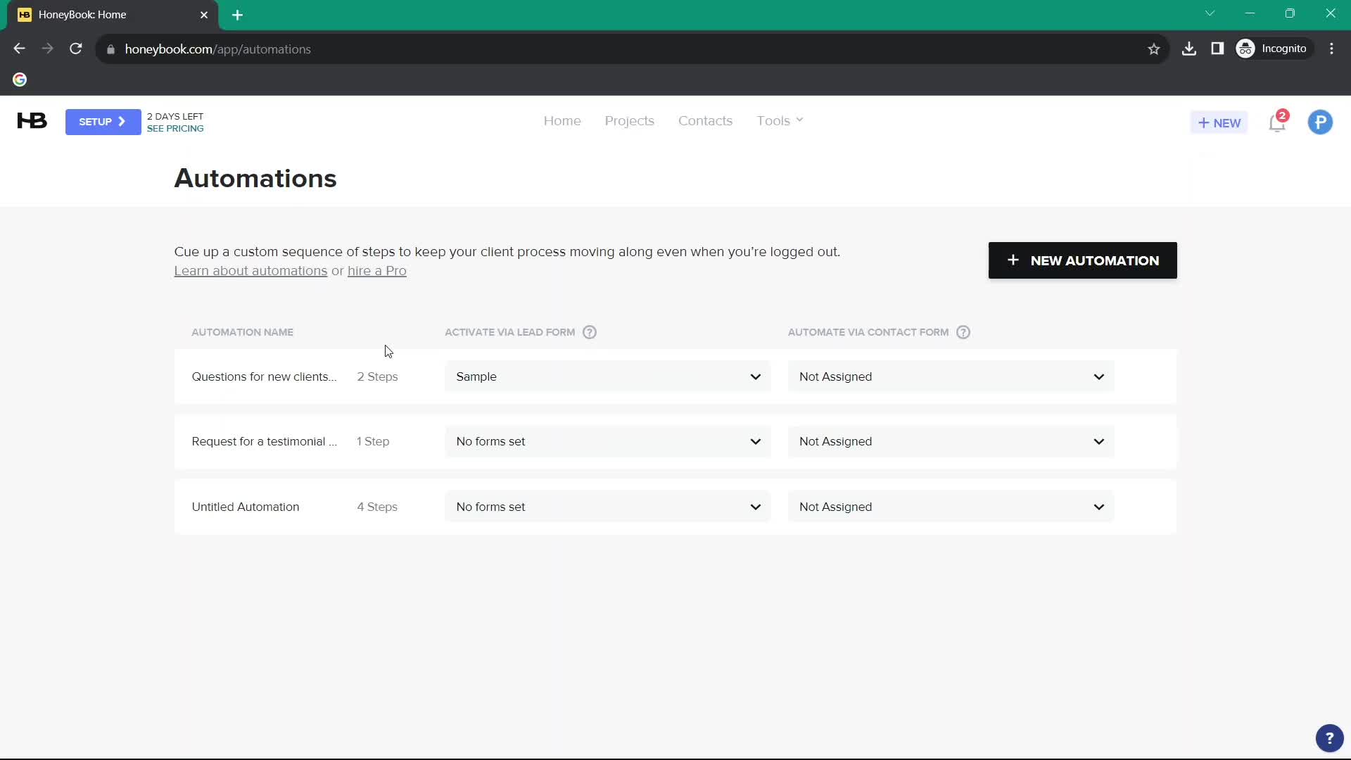 Creating an automation workflow screenshot