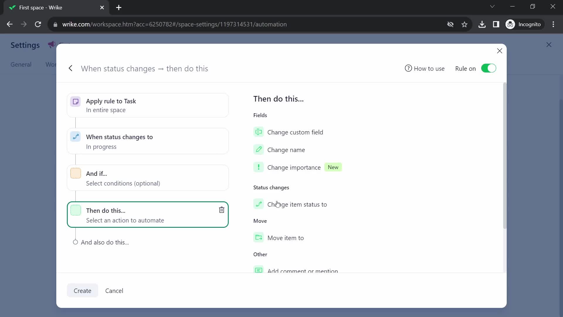 Creating an automation workflow screenshot