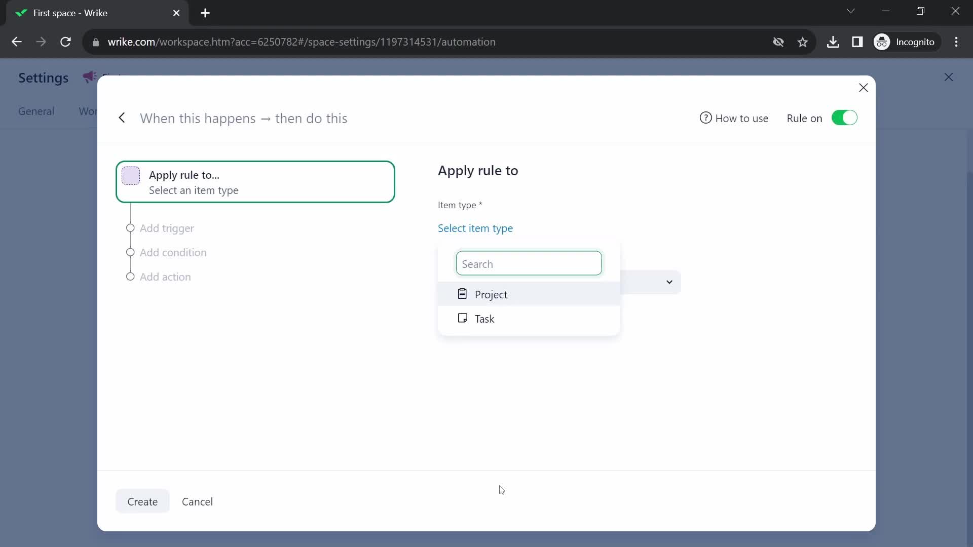 Creating an automation workflow screenshot
