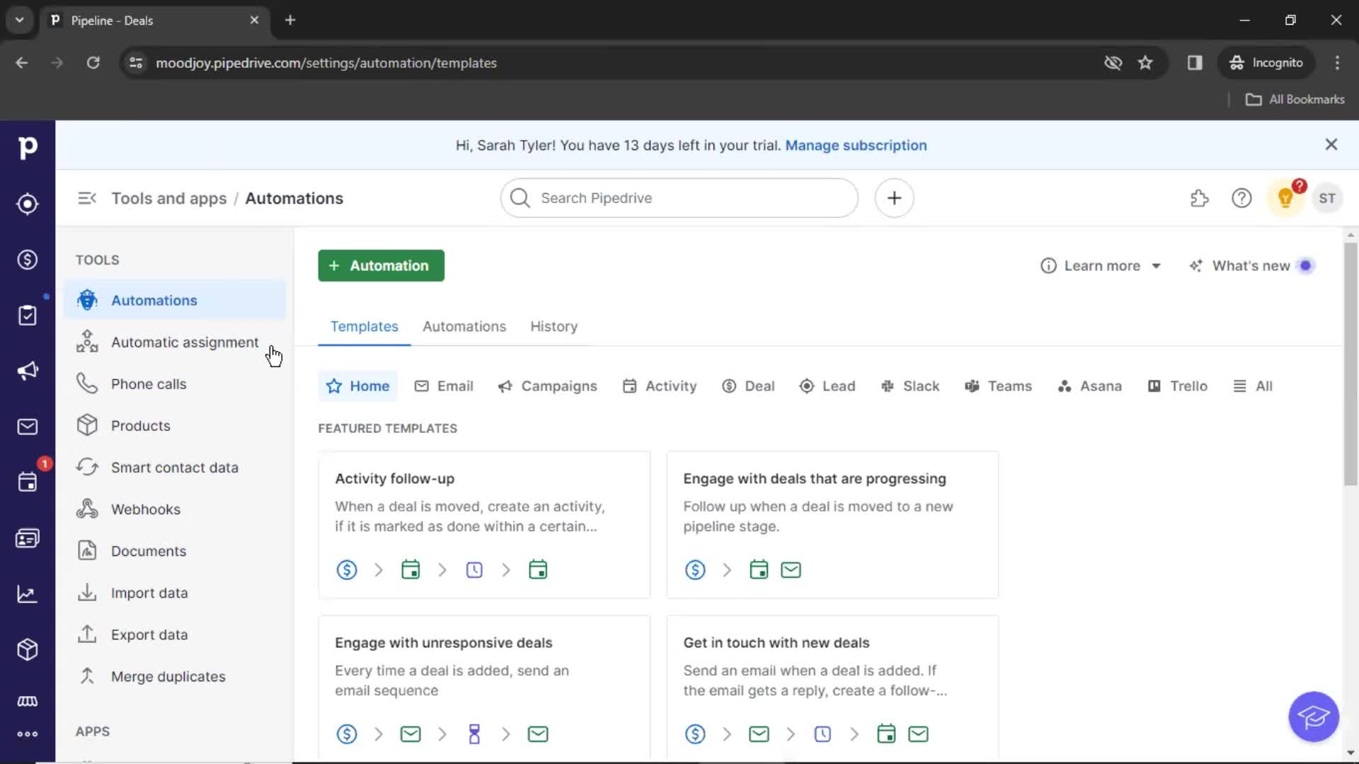 Creating an automation workflow on Pipedrive video thumbnail