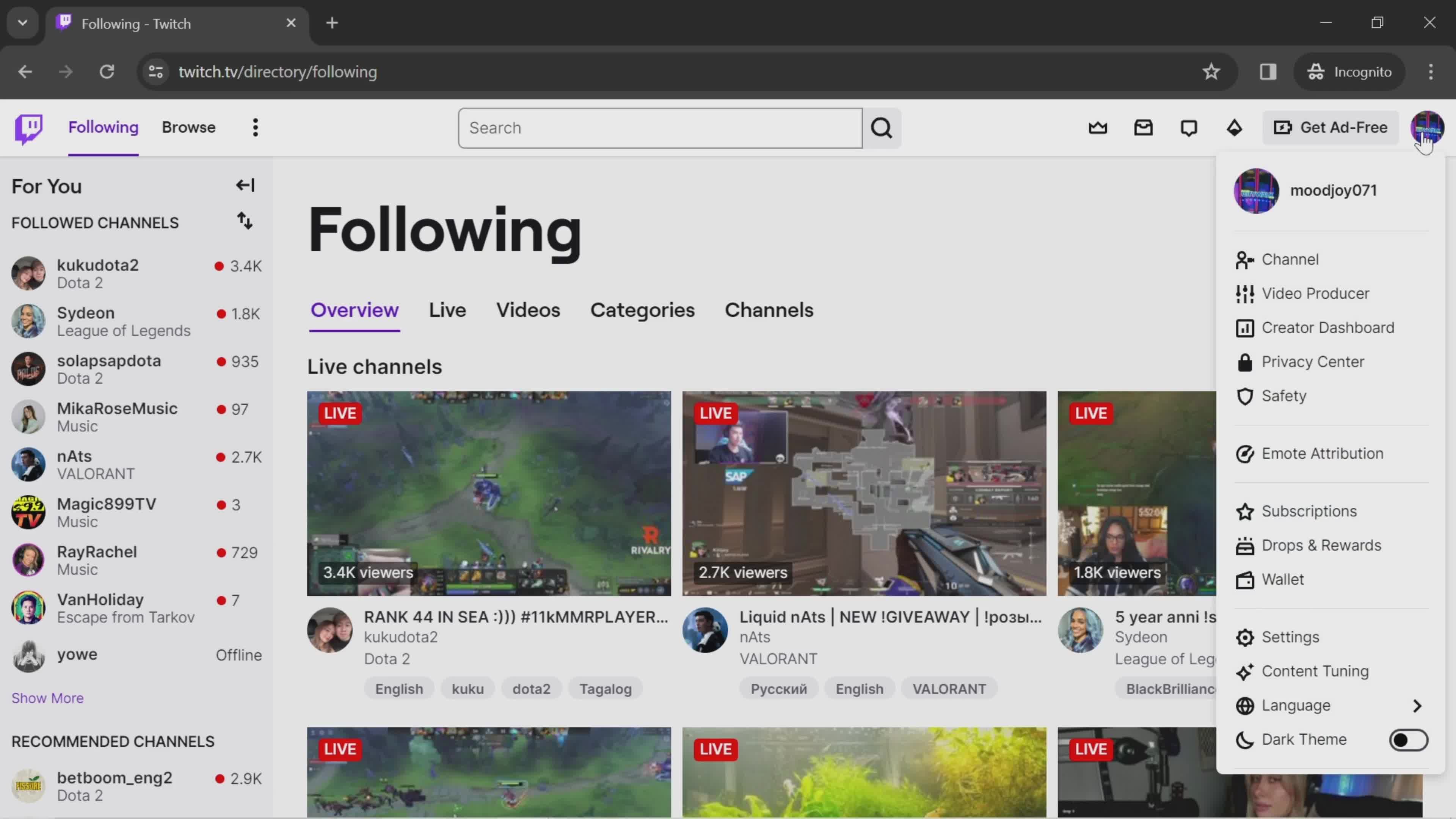 Enabling dark mode on Twitch video thumbnail