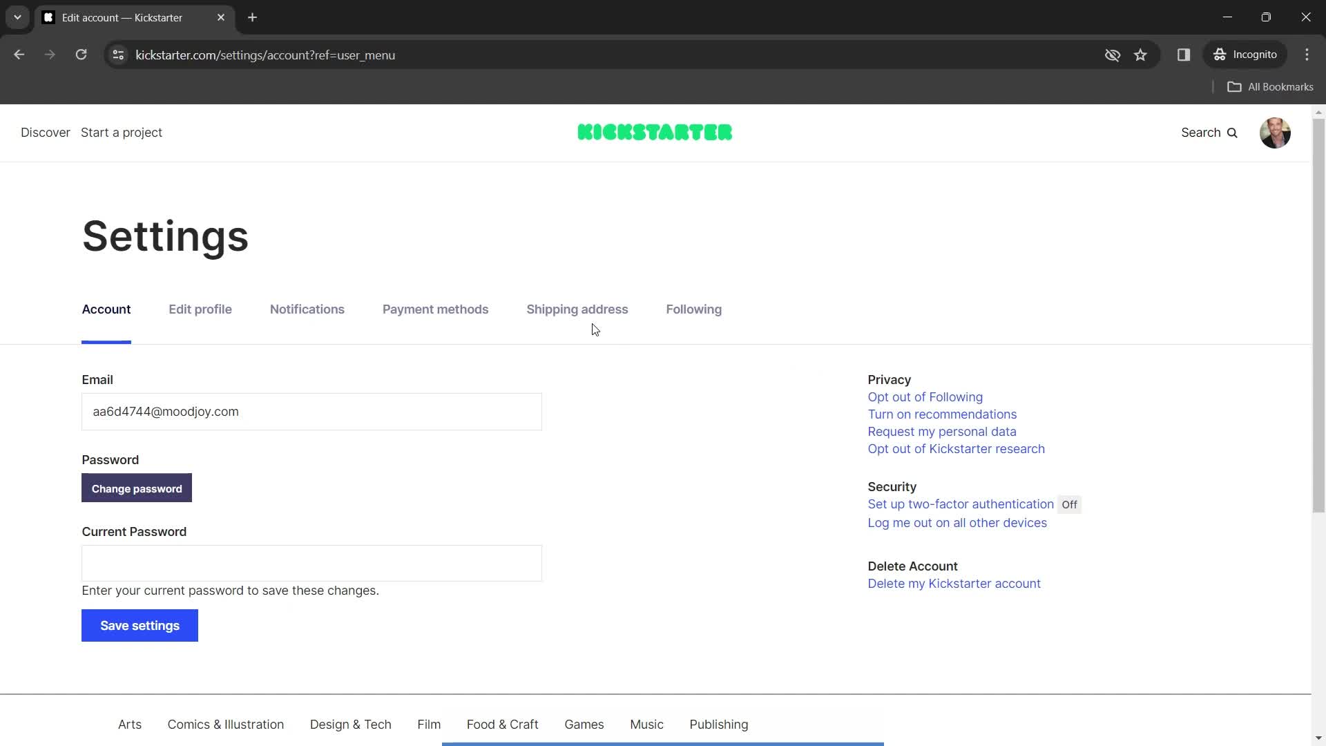 Deleting saved address on Kickstarter video thumbnail