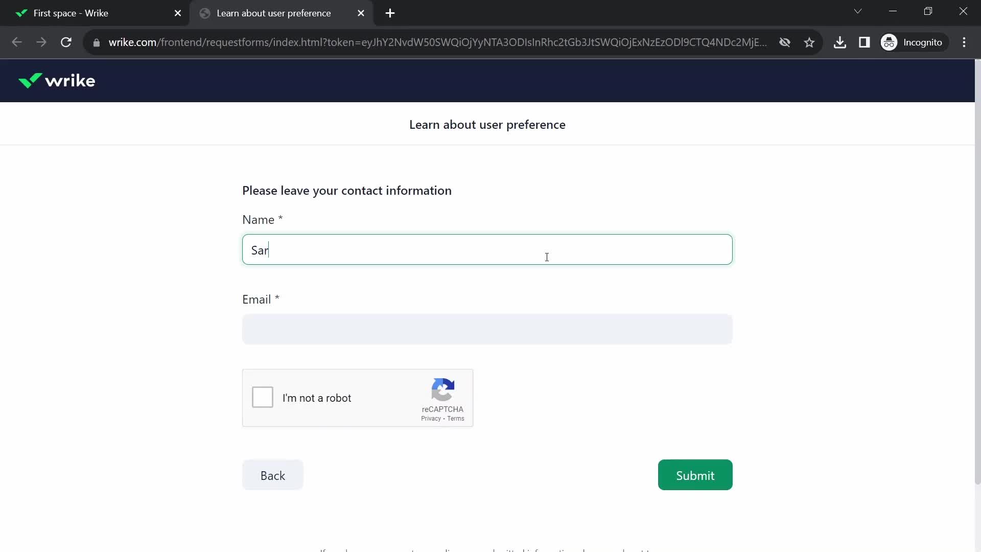 Filling in a form screenshot