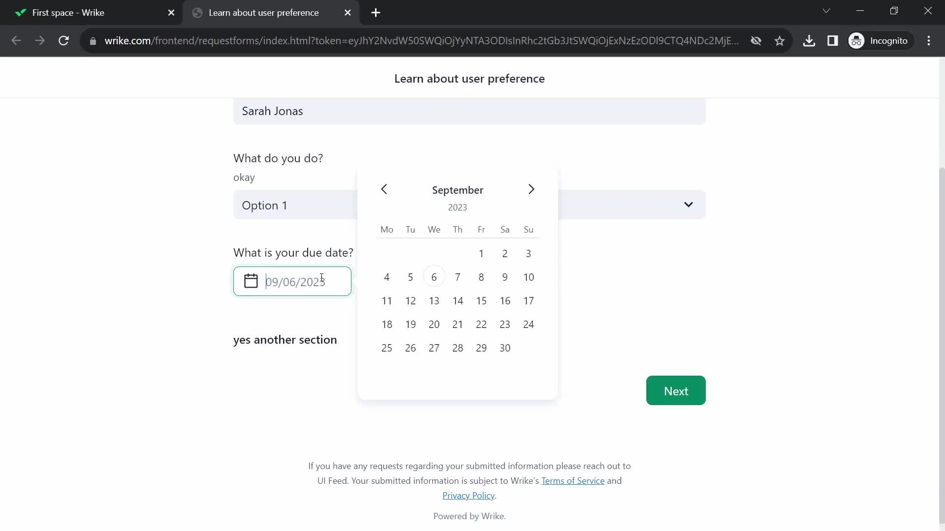 Filling in a form screenshot