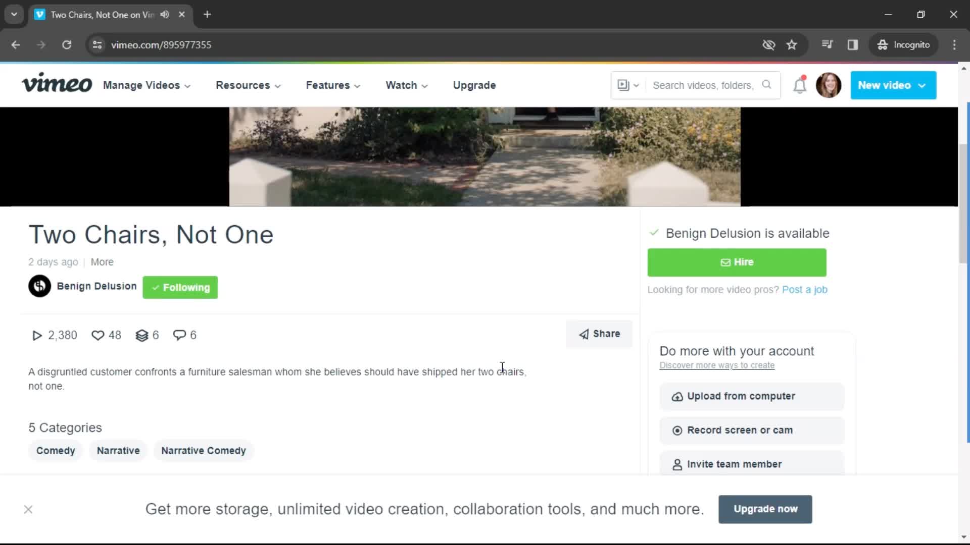 Following a user on Vimeo video thumbnail