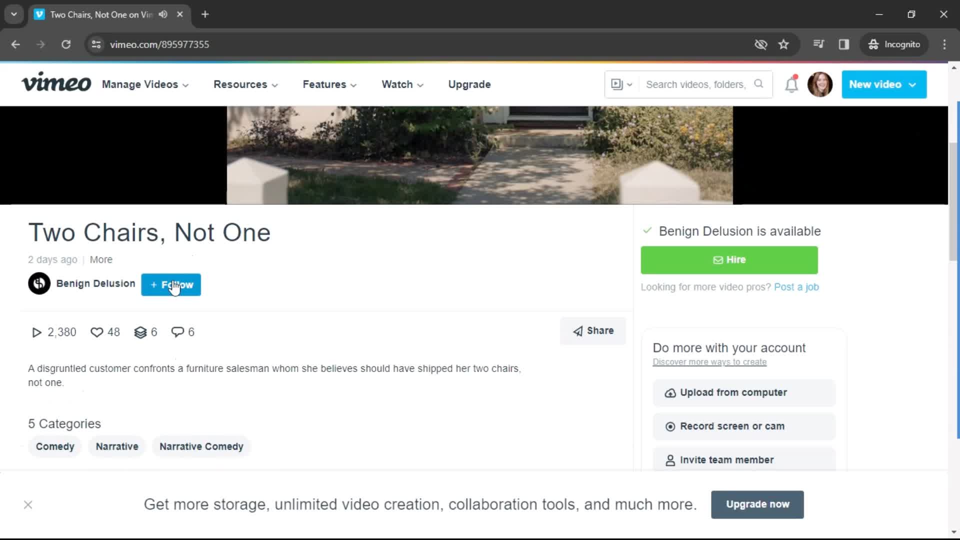Following a user on Vimeo video thumbnail