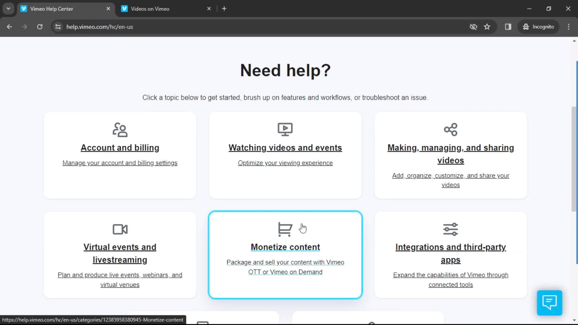 Help center screenshot