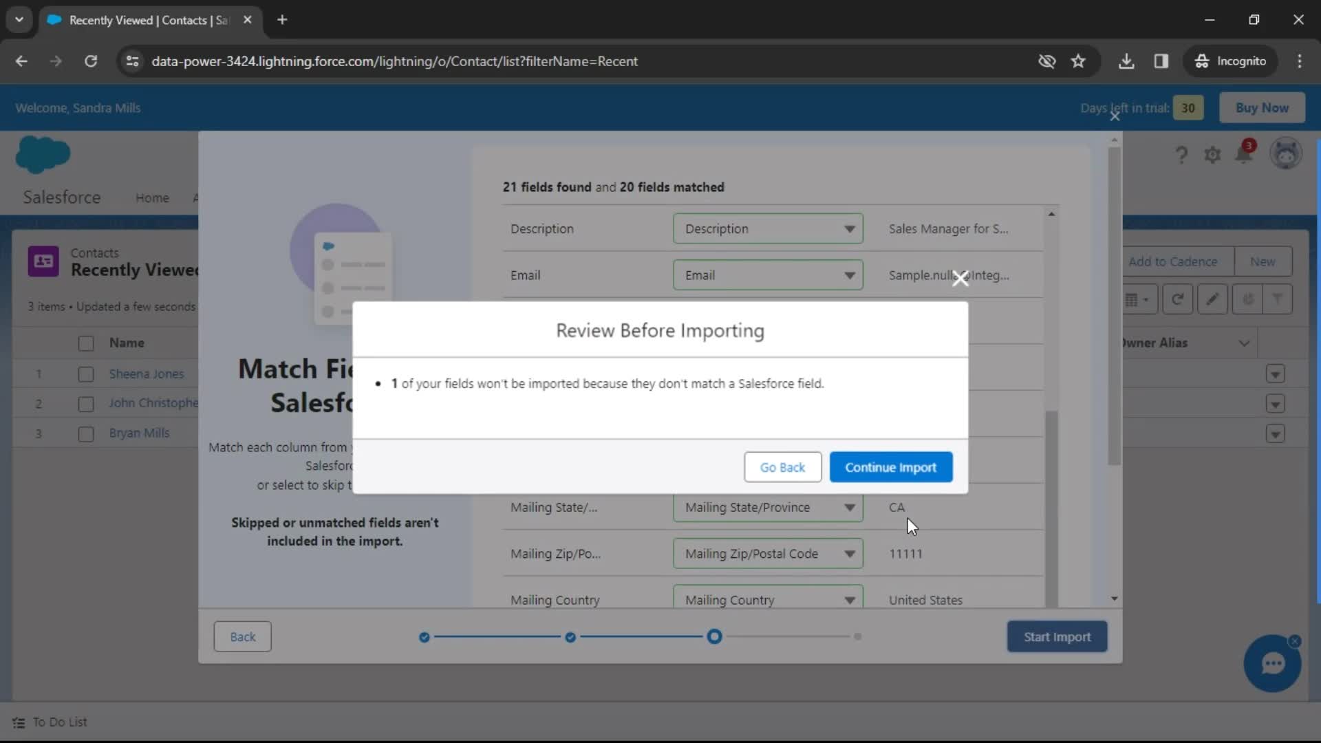 CSV import screenshot